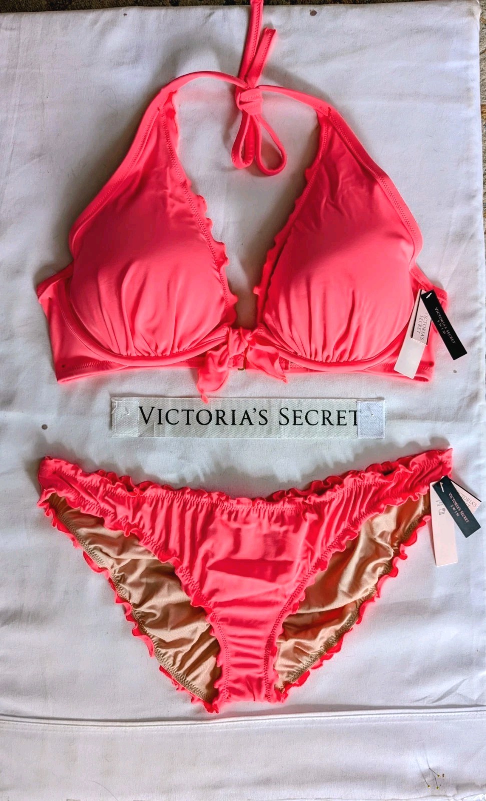 Victorias Secret Swim 2pc Set Riffled Edge 38C Halter Top/Large Ruched Cheeky