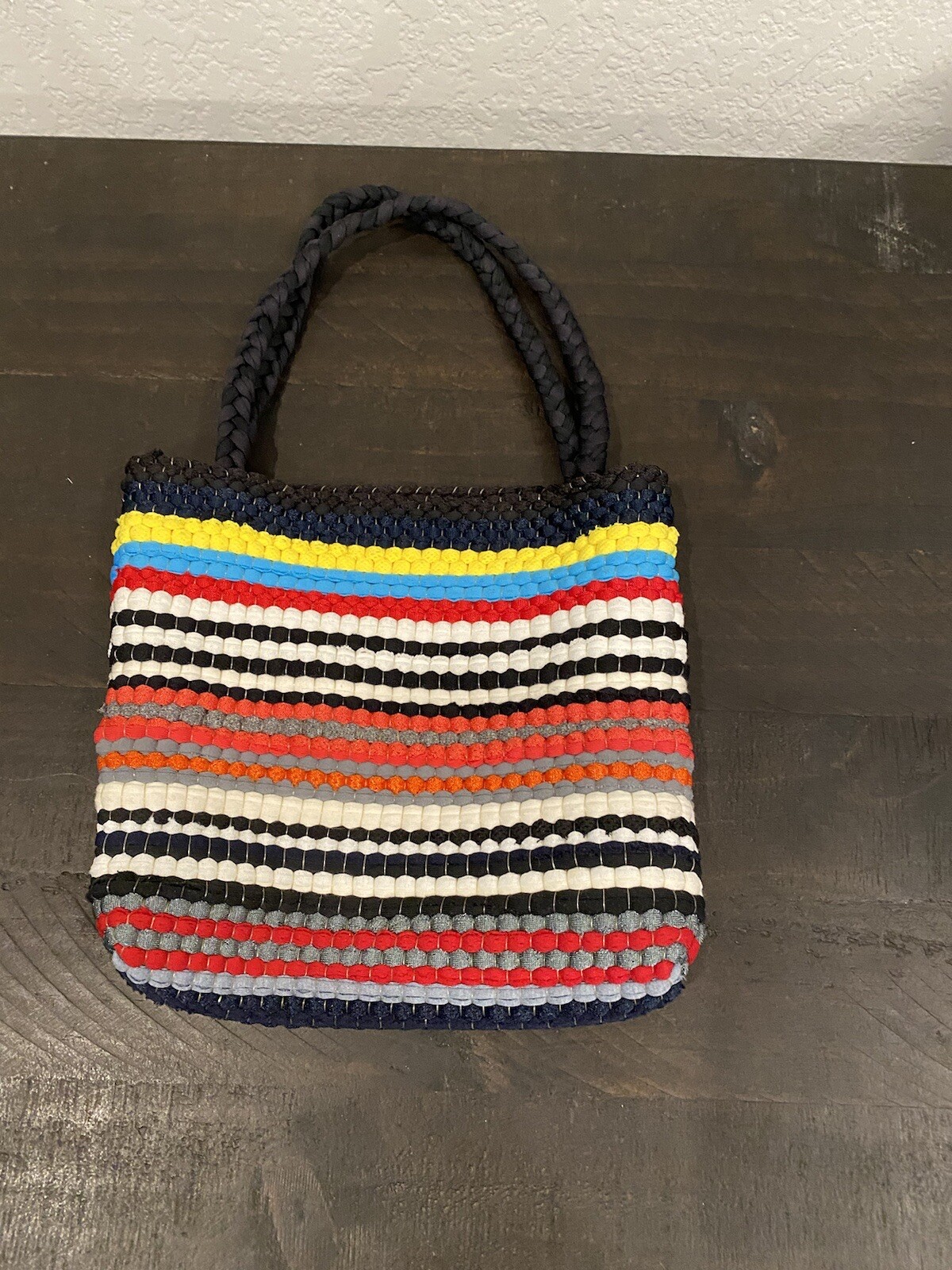 Hand Crocheted Small Purse Striped Multicolor 7 1/2 In Tall 8 In Wide