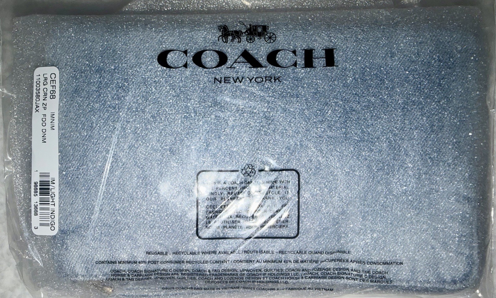 COACH Large Corner Zip Wristlet Loved Denim Gold Light Indigo CEF68 NWT