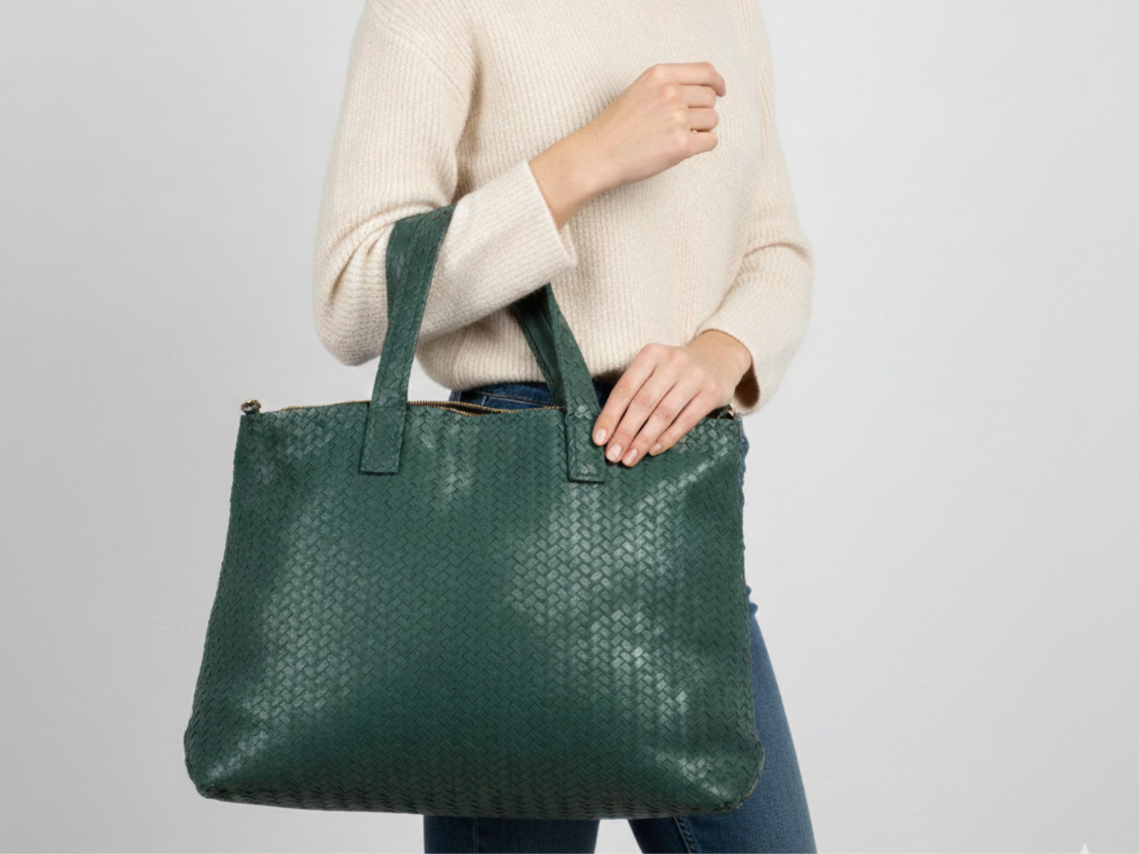 Handmade Green Woven Leather Tote Bag – Women’s Daily Office Bag