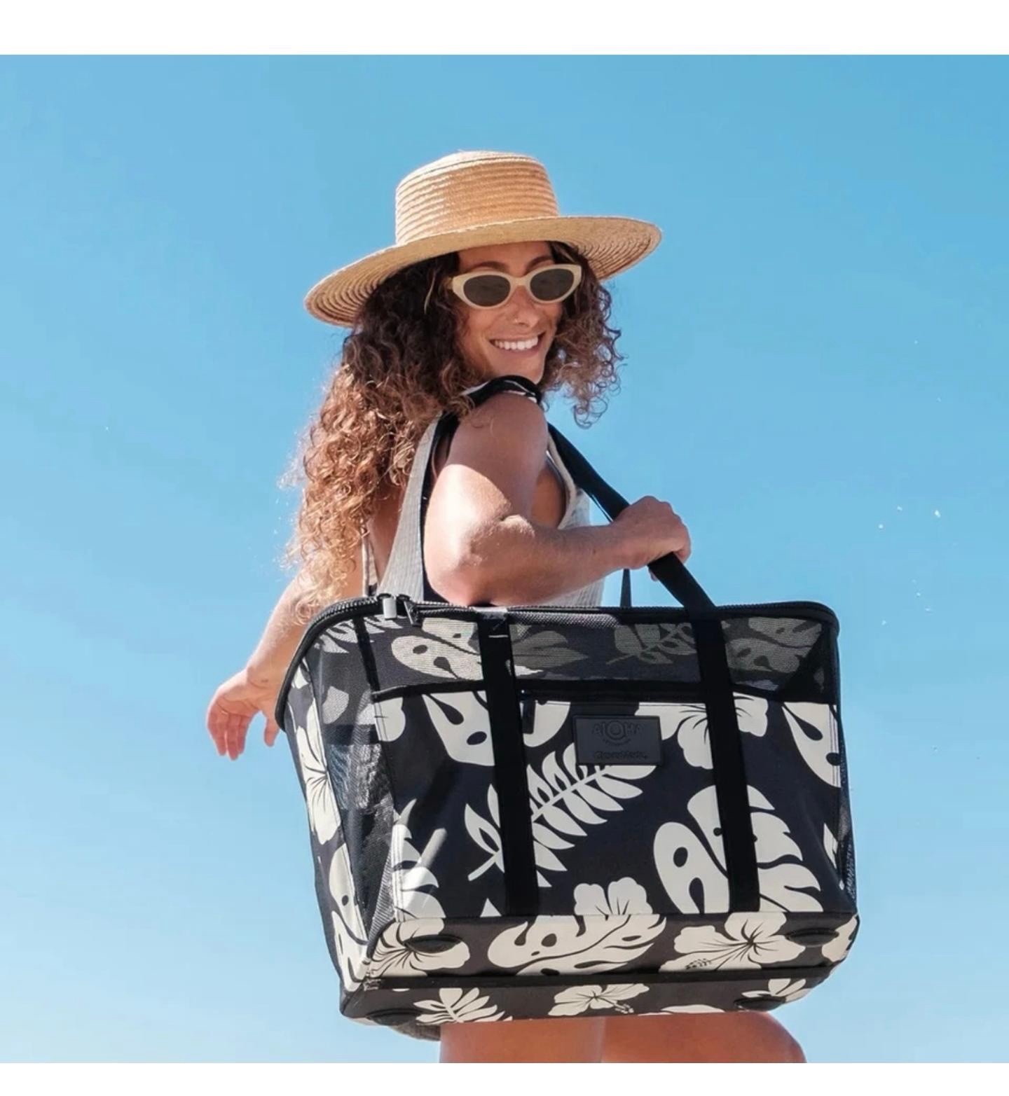 ALOHA Collection CleverMade Collapsible Beach Tote Bag Black NWT