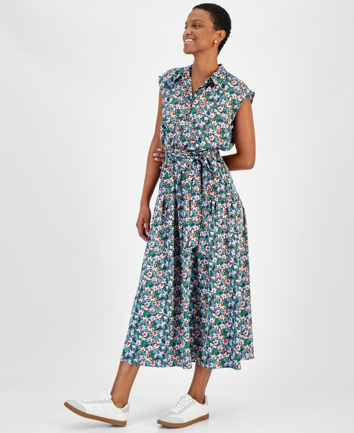 On 34th Tonal Jacquard Cap-Sleeve MIDI Shirtdress, Deep Black Combo, sz M