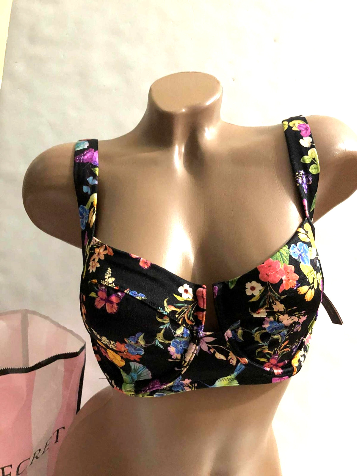 Victoria’s Secret Swim Wicked Bikini Top Black Floral Colorful Butterfly NWT
