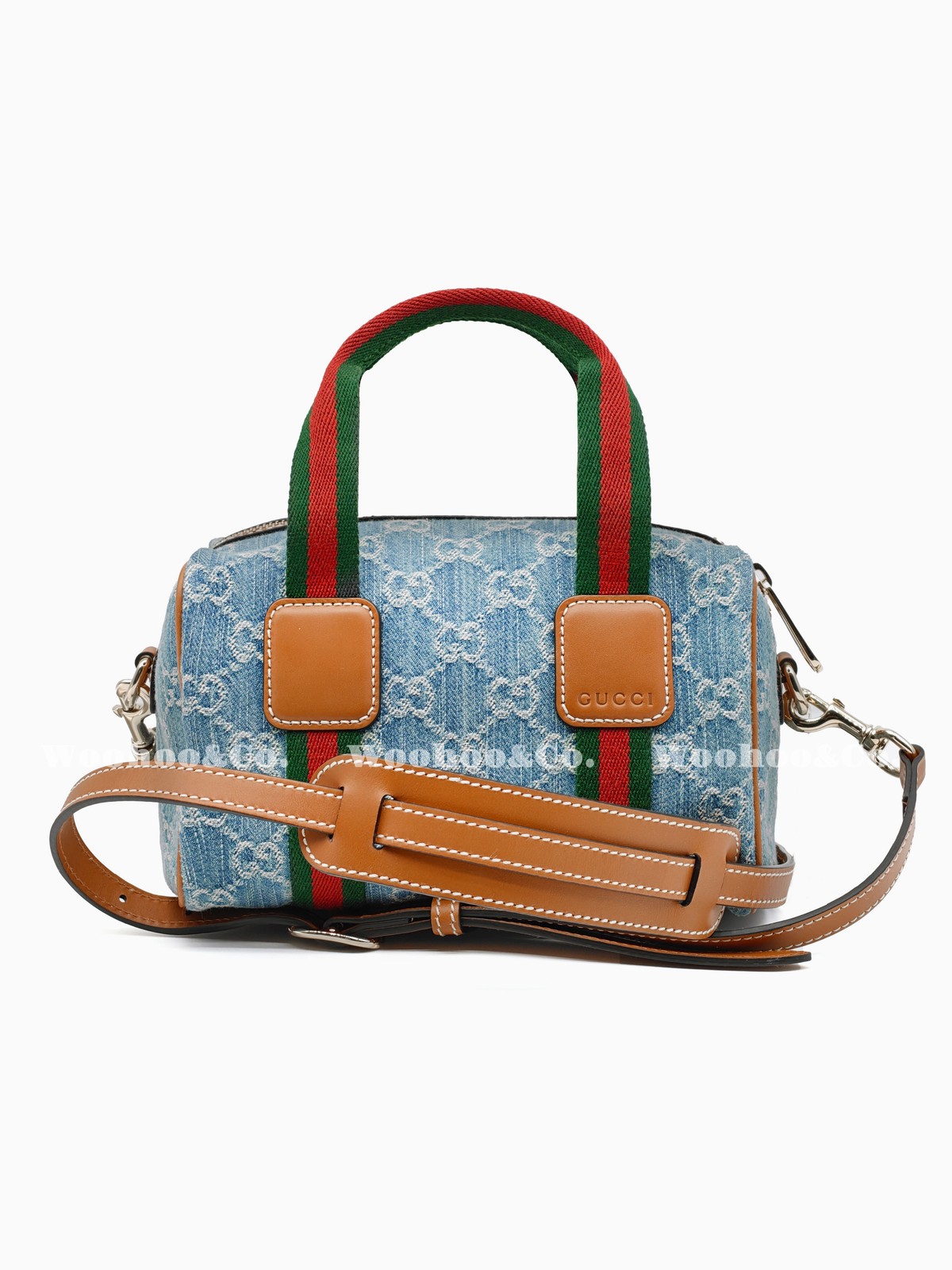 GUCCI Denim Boston Bag Handbag Mini Unisex Blue White 7.9 x 5.1 x 5.1 in