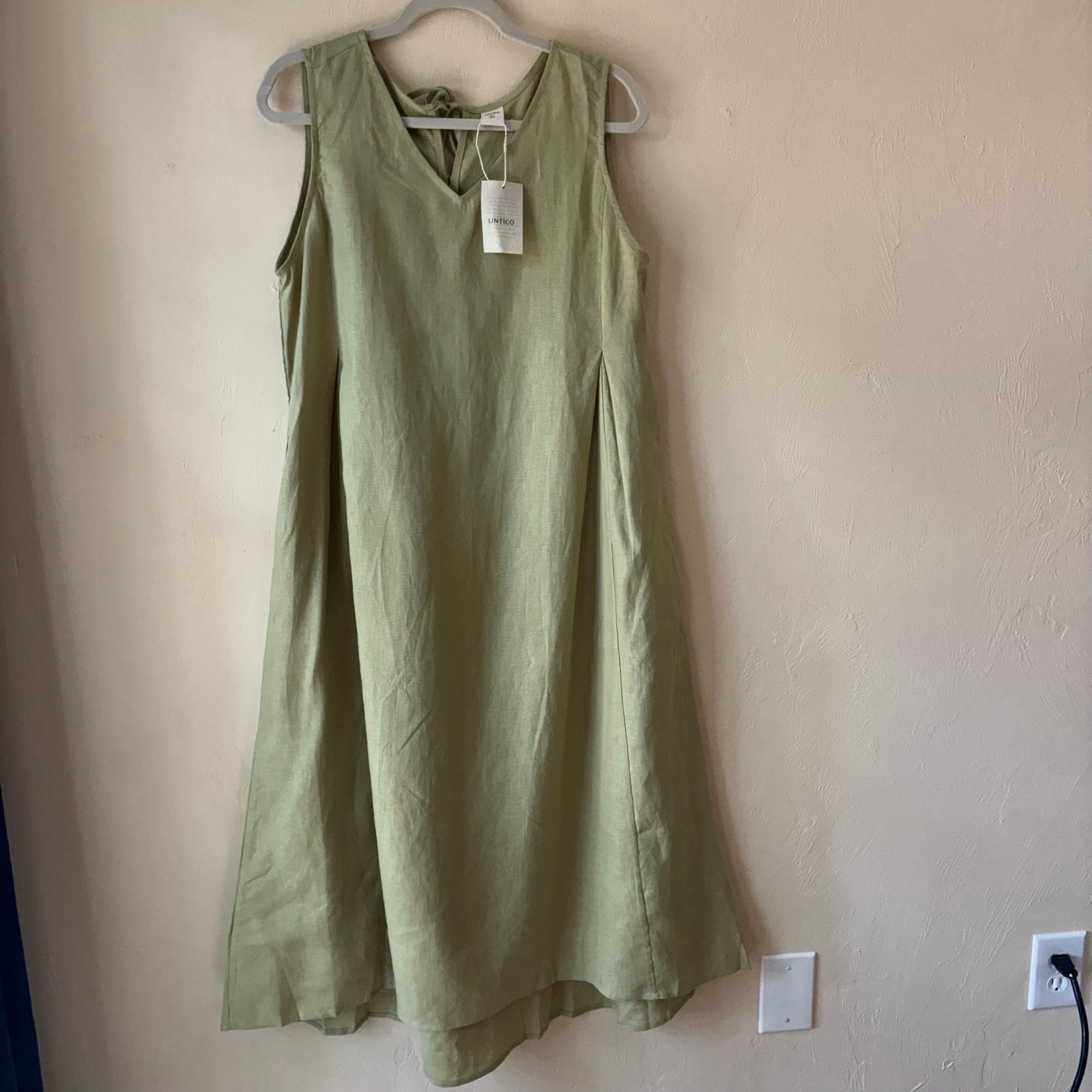 NWT LINTICO 100% Linen Sleeveless A-Line Maxi Dress Sage Apple Green