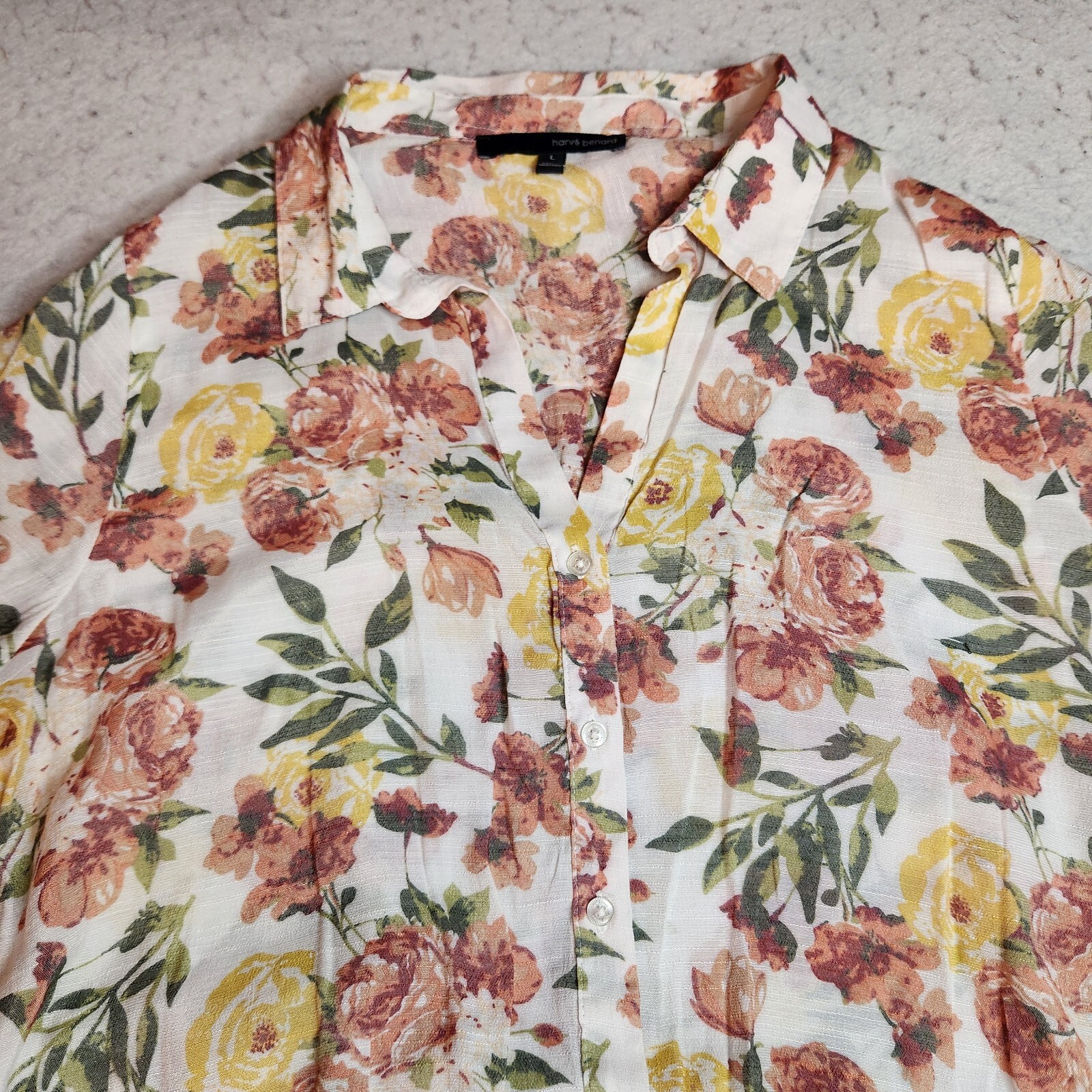Harve Benard Womens Blouse Sz L Floral Button-Up Tie-Front 3/4 Sleeve Collared