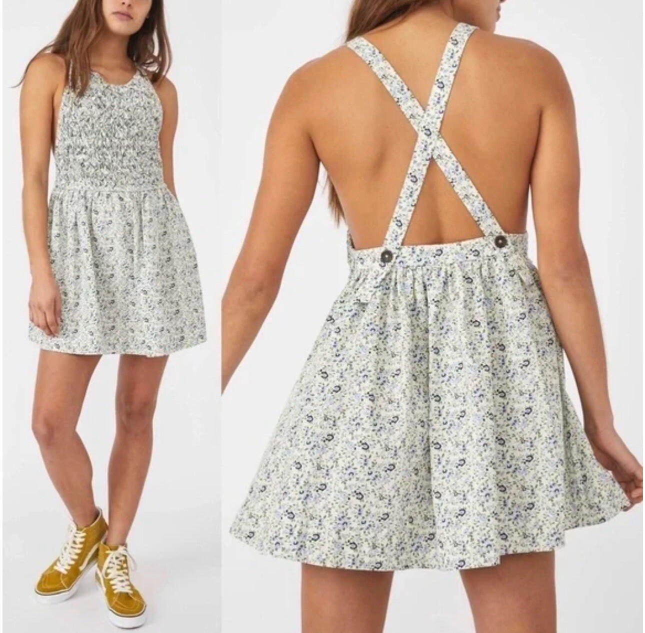 NWT Free People Petunia Boho Smocked A Line Skirtall Mini Dress Floral L $128