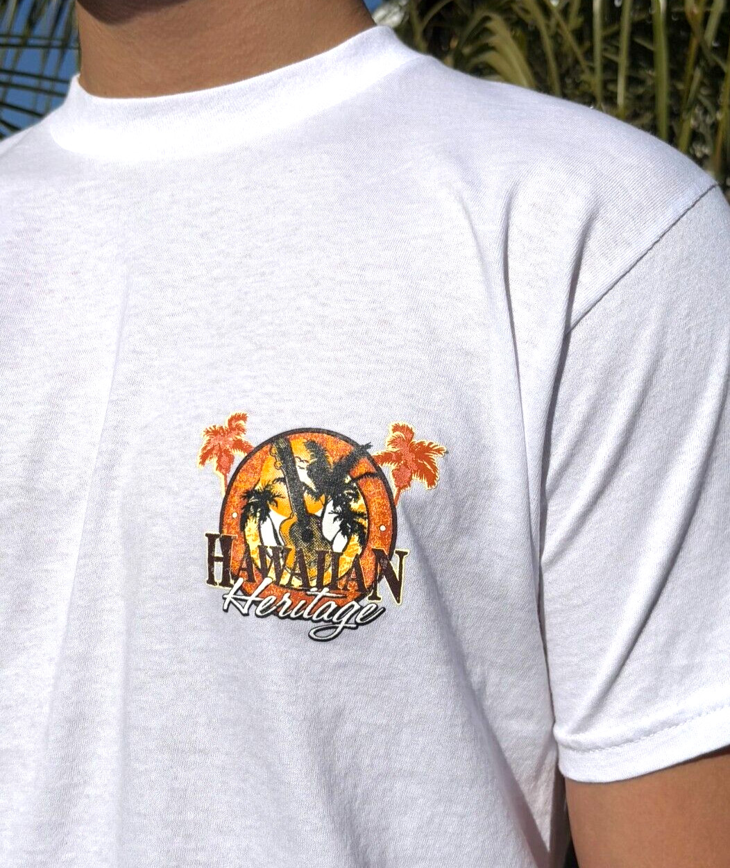Hawaiian Style Heritage Sunset Palm Tree Surfboard Men Women White Cotton Tee