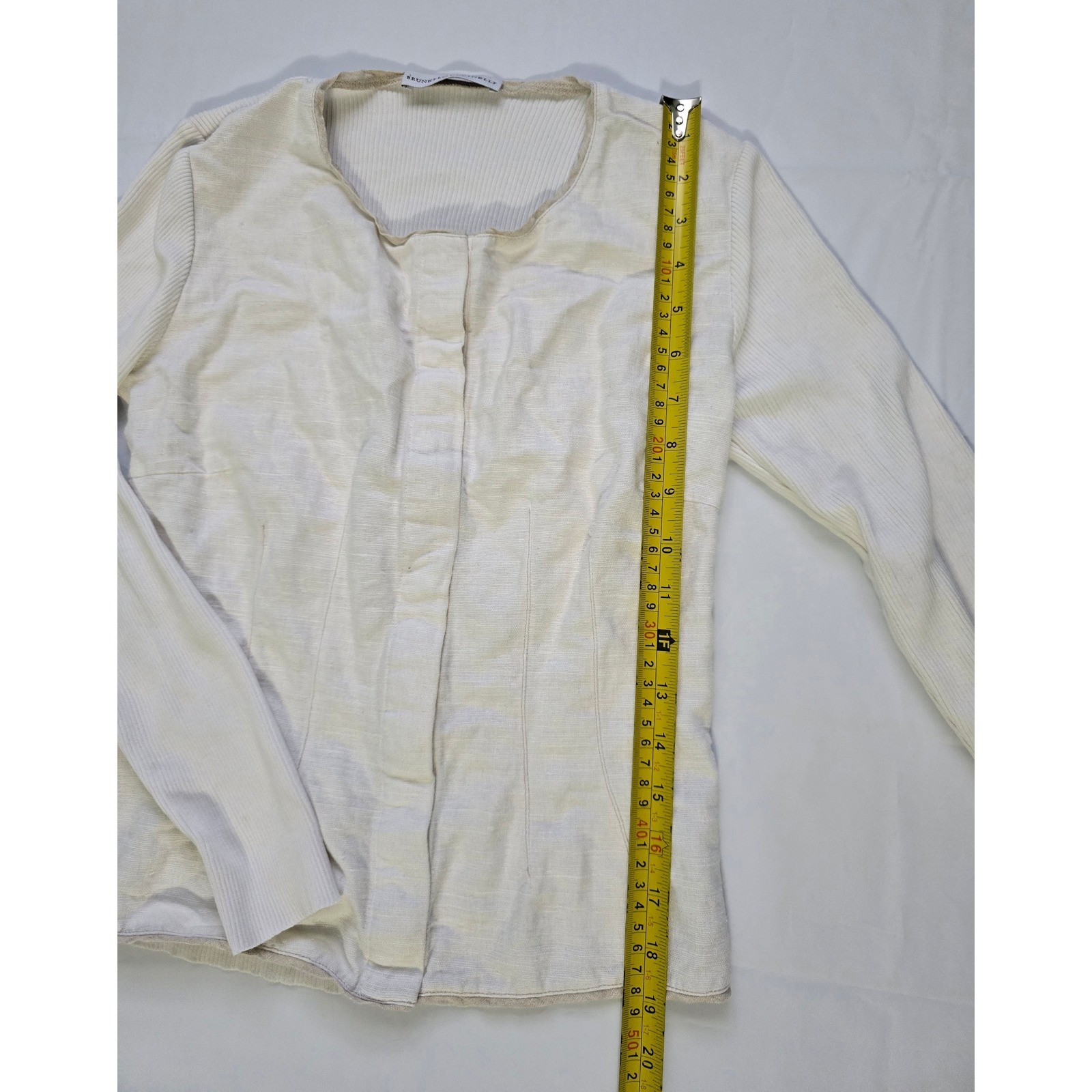 Brunello Cucinelli Cream Mixed Media Hook Eye Front Long S Top Small Cotton&Silk