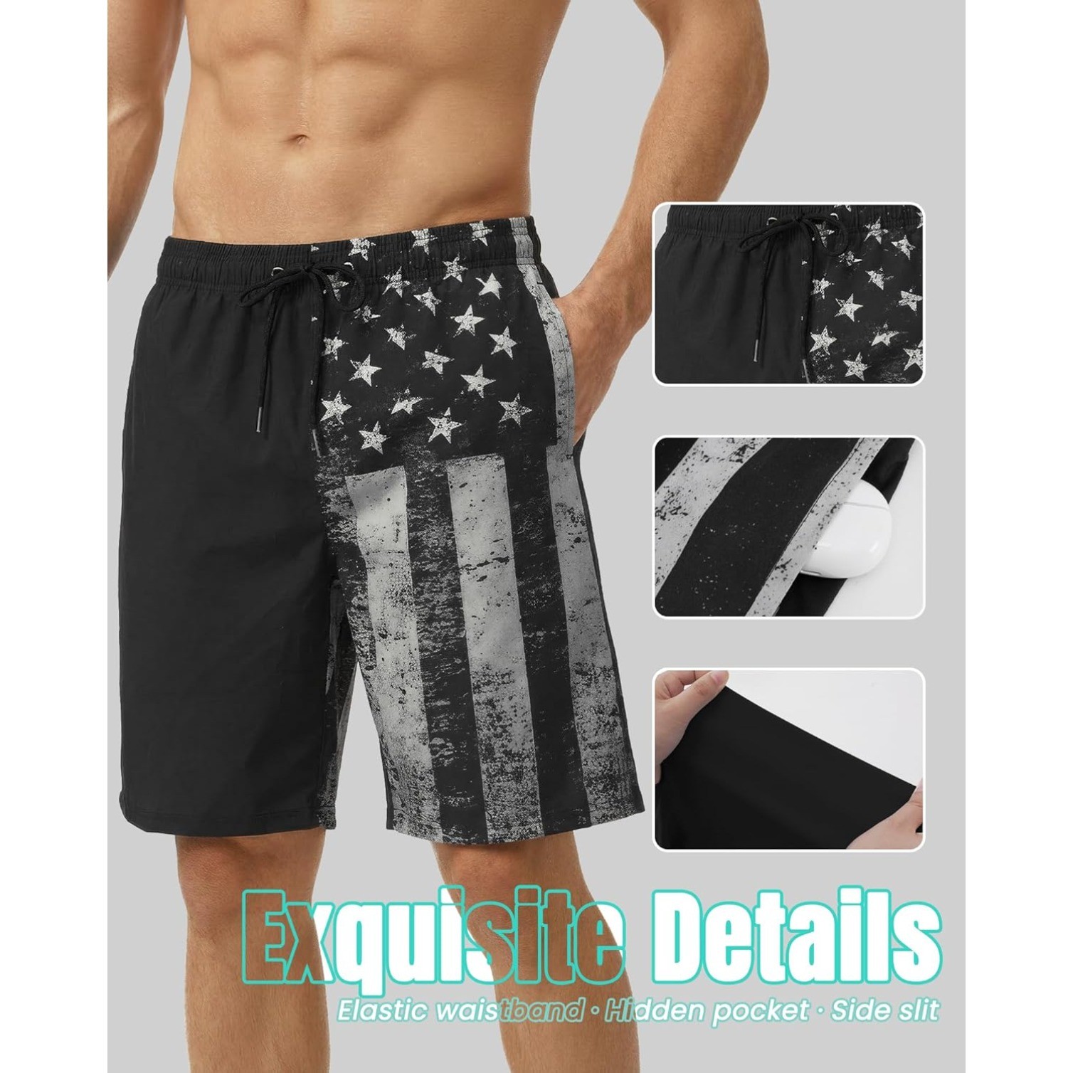 9” Men Swim Trunks with Compression Breathable Liner Quick Dry Zipper Pockets