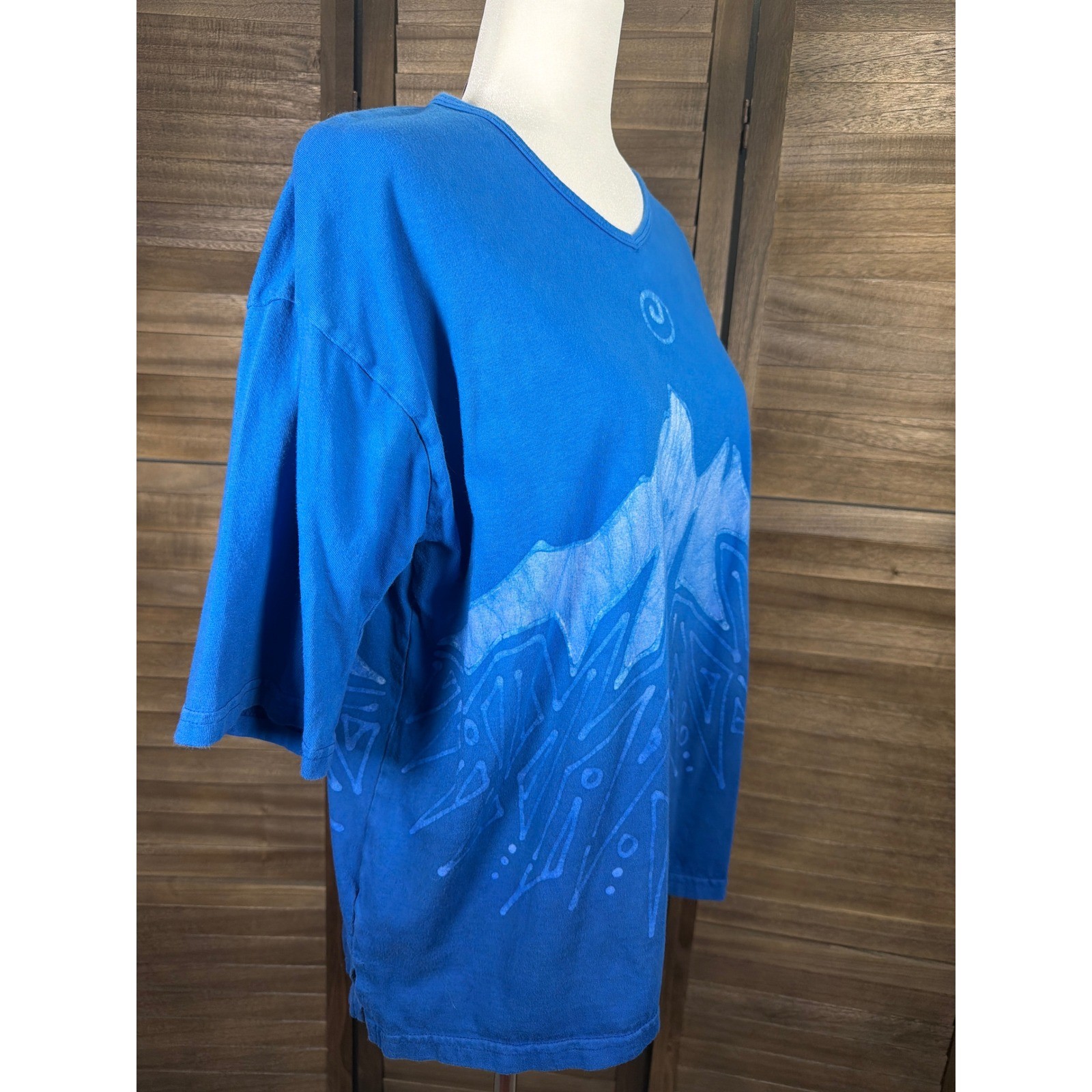 Grebe Batik Blue Mountain Celestial Moon Sun Cotton T-Shirt Women Large USA Made