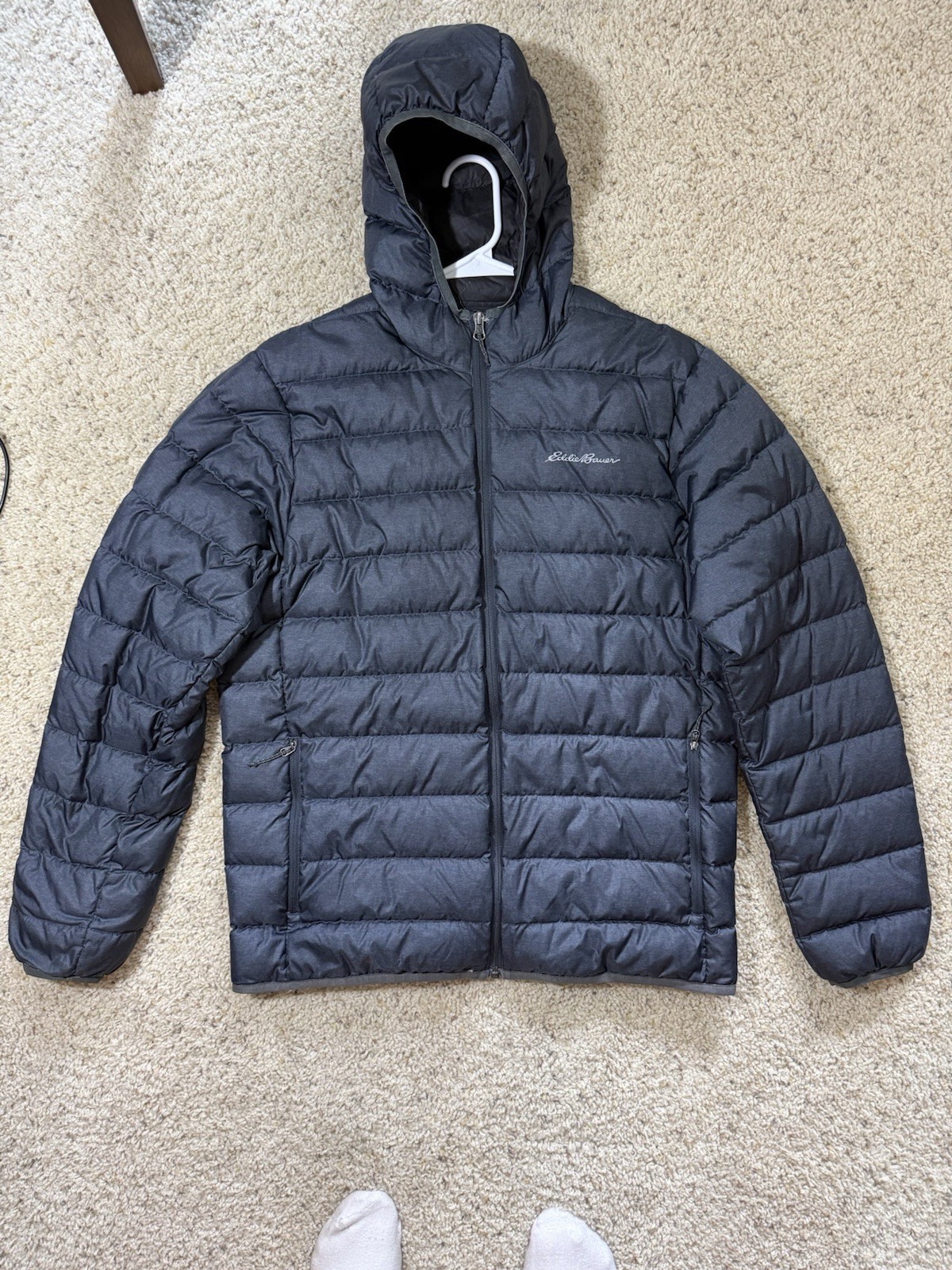 Eddie Bauer EB650 Men’s Medium Hooded Down Puffer Jacket Dark Gray Full Zip