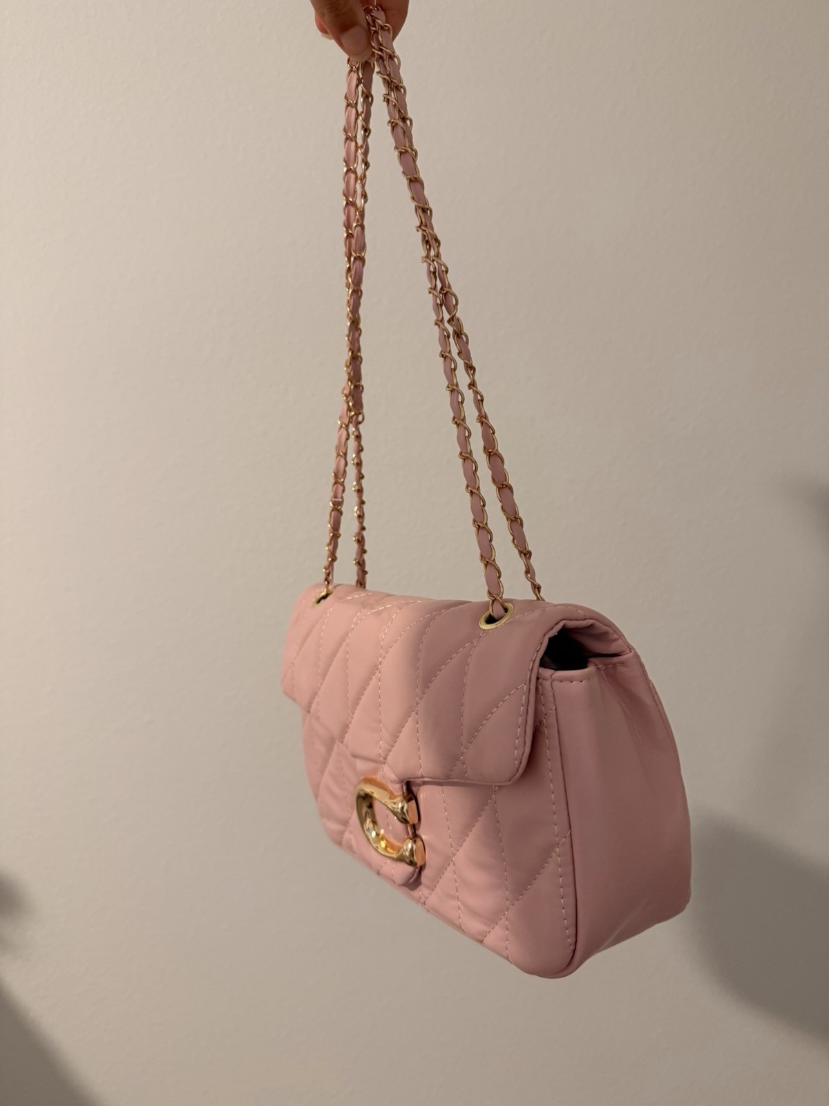 Pink Quilted Small Shoulder Bag Purse Chain Strap Detachable Strap Gold Hardware