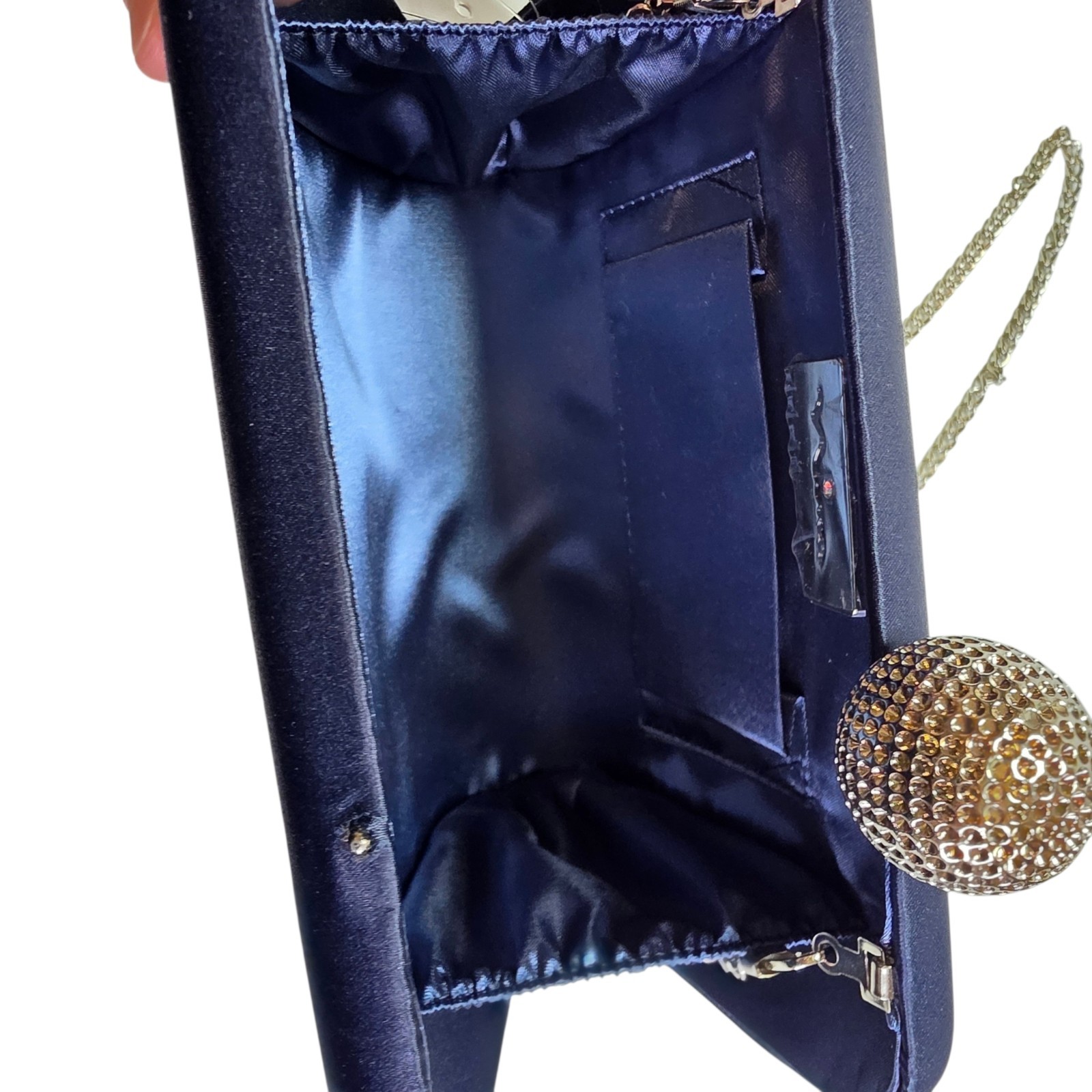 Nina Crystal Clasp Satin Minaudiere Evening Clutch Navy NWT