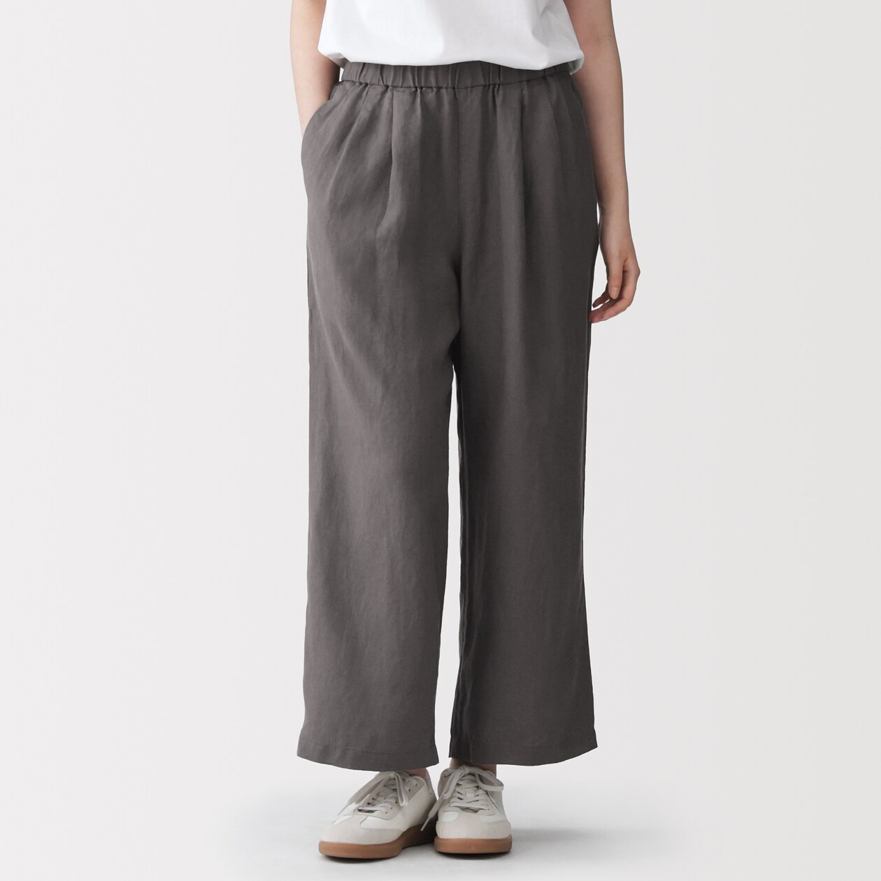 MUJI Womens 100% Linen Washed Easy Wide Pants Charcoal Gray FedEx