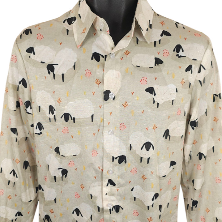 Sheep Casual Shirt Mens Size Small Green All Over Print Farm Animals