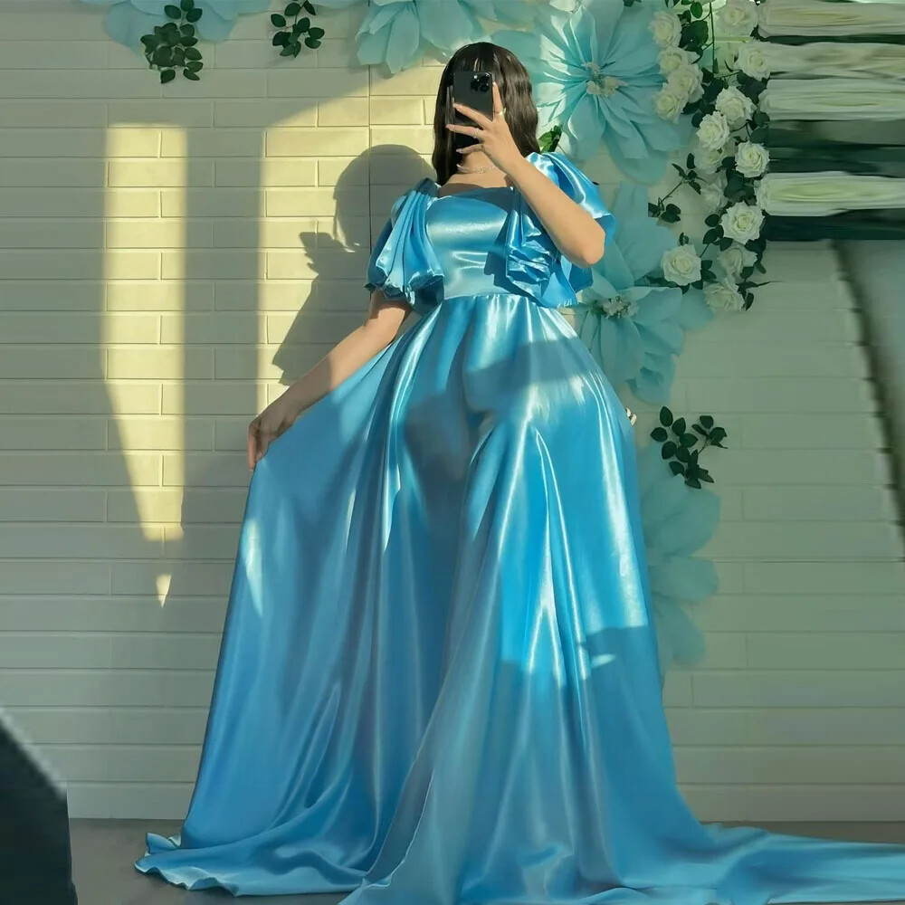 Square Neck Sky Blue Satin Puff Sleeve Evening Dresses Long Train Wedding Guest