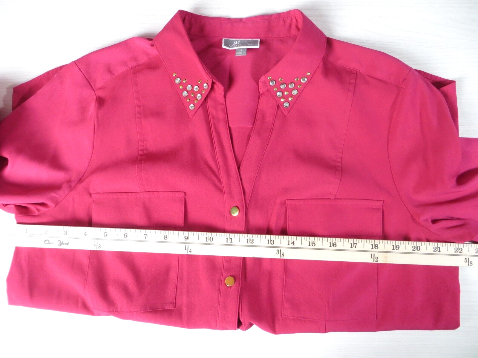 JM COLLECTION Women Slippery Polyester Blouse Pocket Beaded Dark Magenta Pink 16