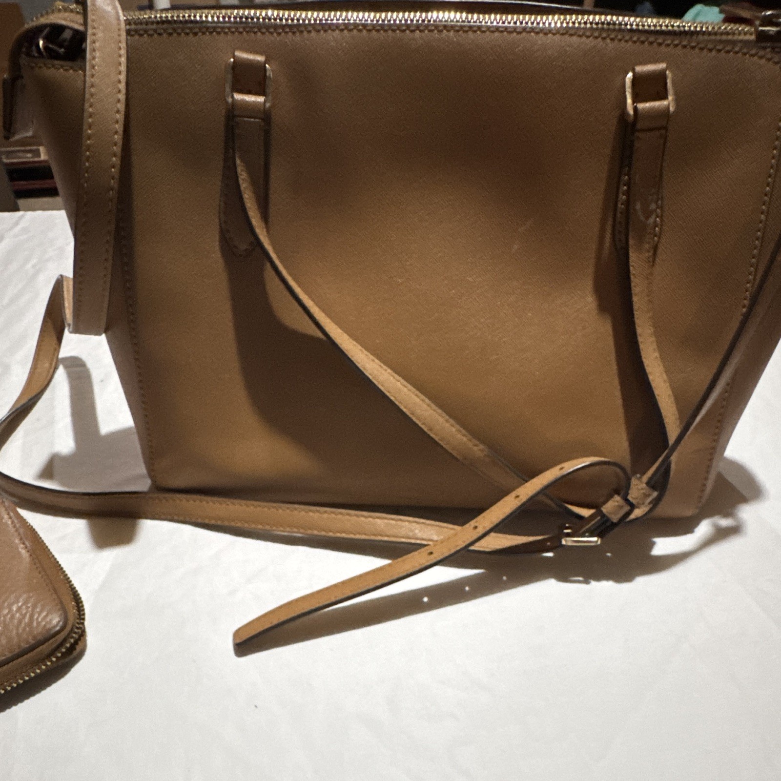 Tory Burch Brown Pebbled Zip Tote Detachable Strap Zip Wallet Gold Hardware