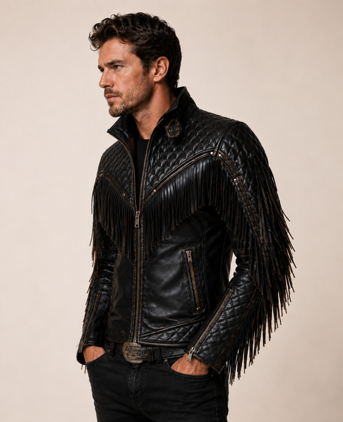 Mens Black Fringe Leather Biker Jacket – Quilted Western – Moto Zip Up StyleCoat