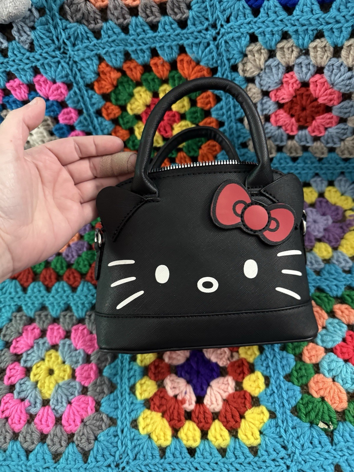 Hello Kitty Mini Black Satchel Top Handle Zip Closure Bow Applique Silver