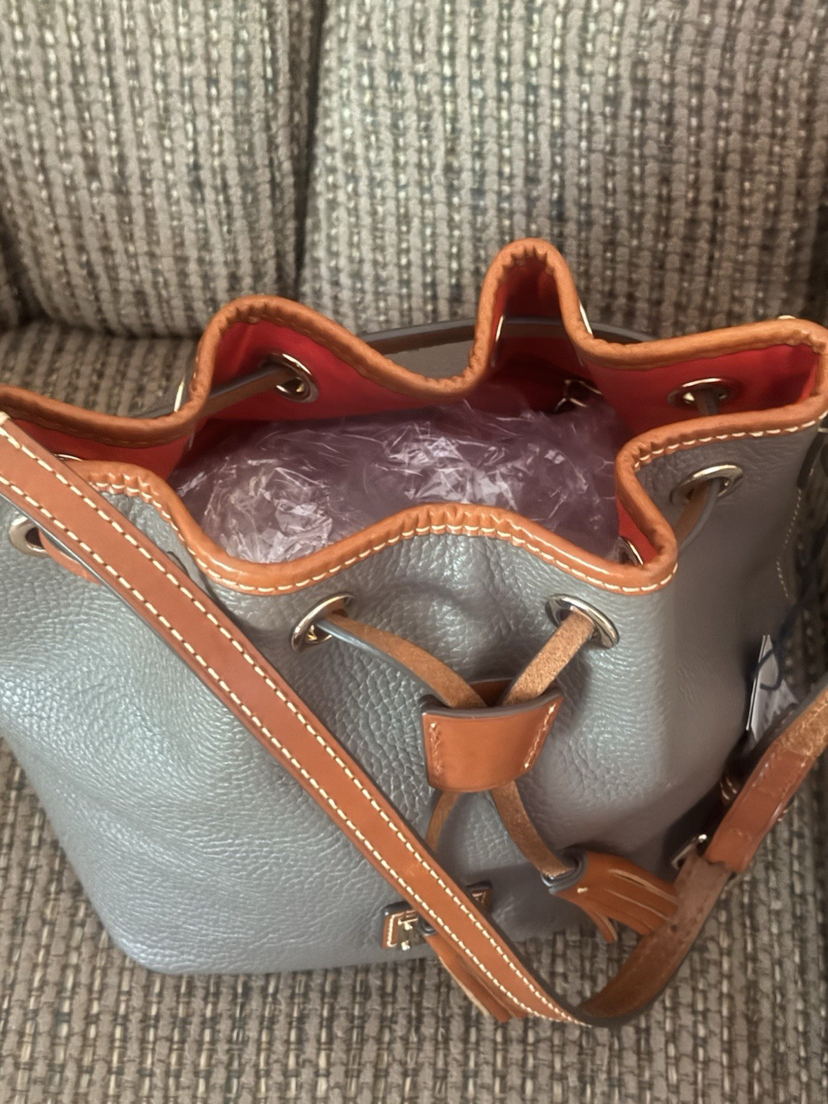 Dooney & Bourke Small Gray Brown Drawstring Bucket Bag, Detachable Strap