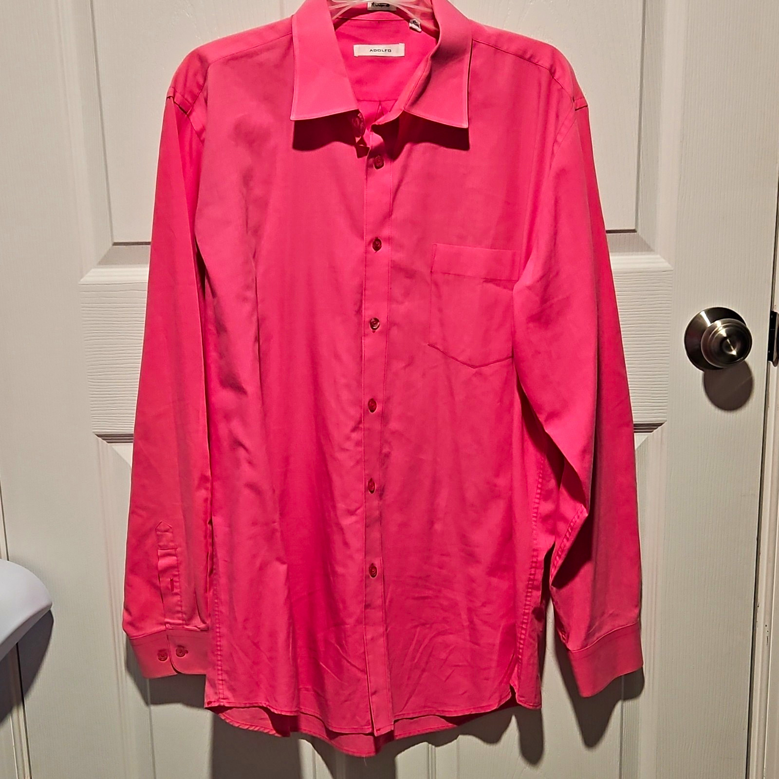 Adolfo Mens XL 17.5 Woven Cotton Dress Shirt Pink Solid Long Sleeve 34/35