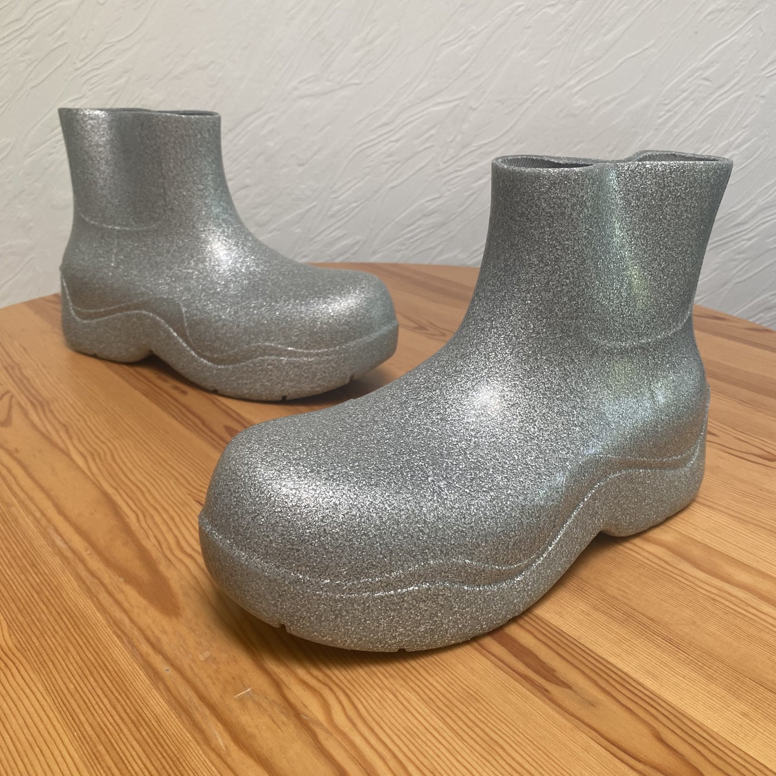 Bottega Veneta Silver Glitter Rubber Puddle Boots Mens 44 EU