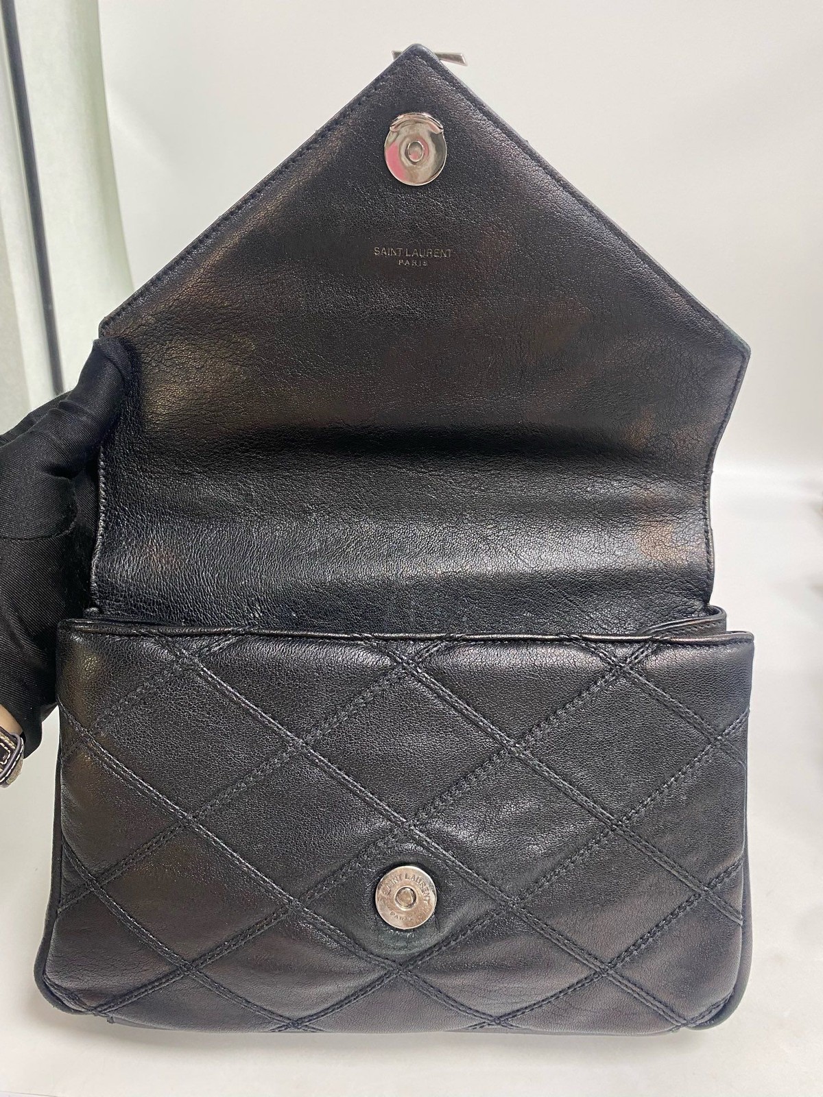 Saint Laurent Envelope Messenger Flap Black Quilted Leather SHW Crossbody Auth