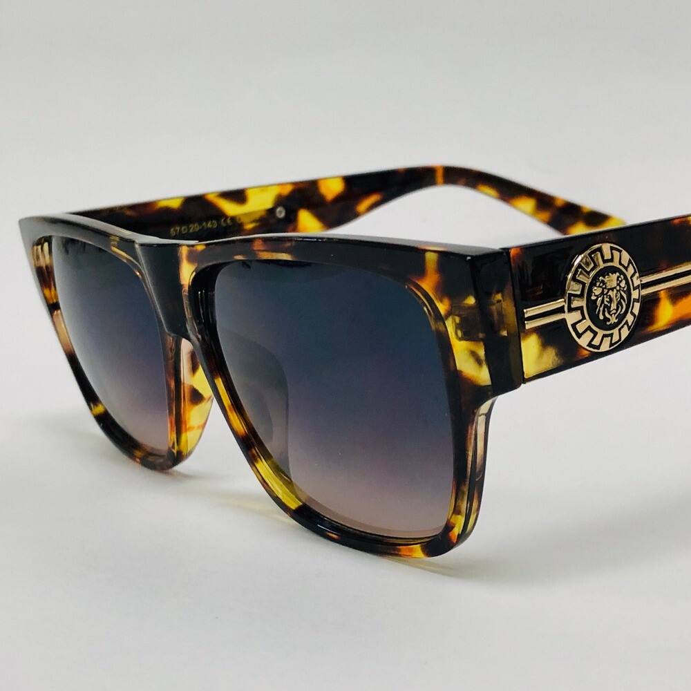 Men Designer Sunglasses Flat Top Square Frame Gold Accent Tortoise Shell Hip Hop