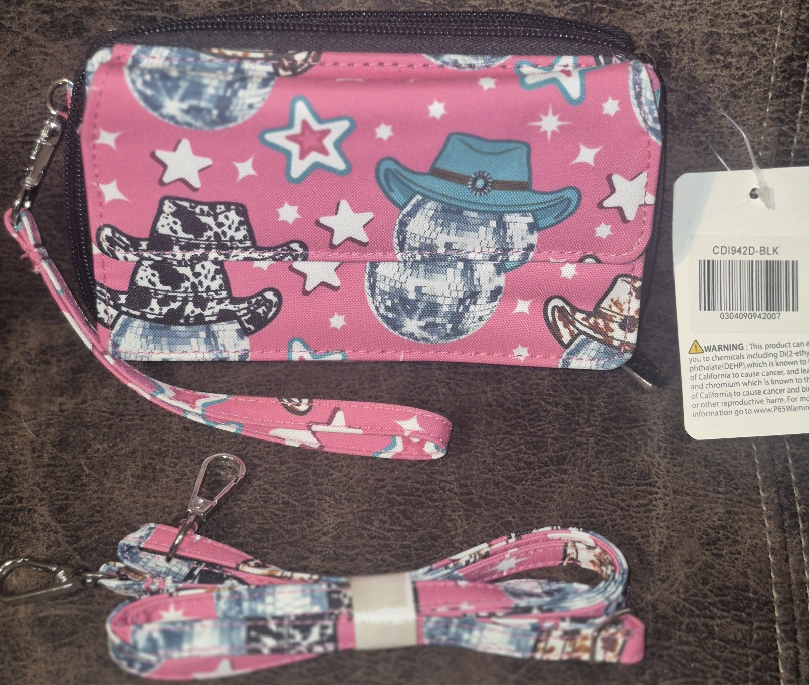 Zip-Around Wristlet Wallet Pink Western Stars Cowgirl Credit Card ID