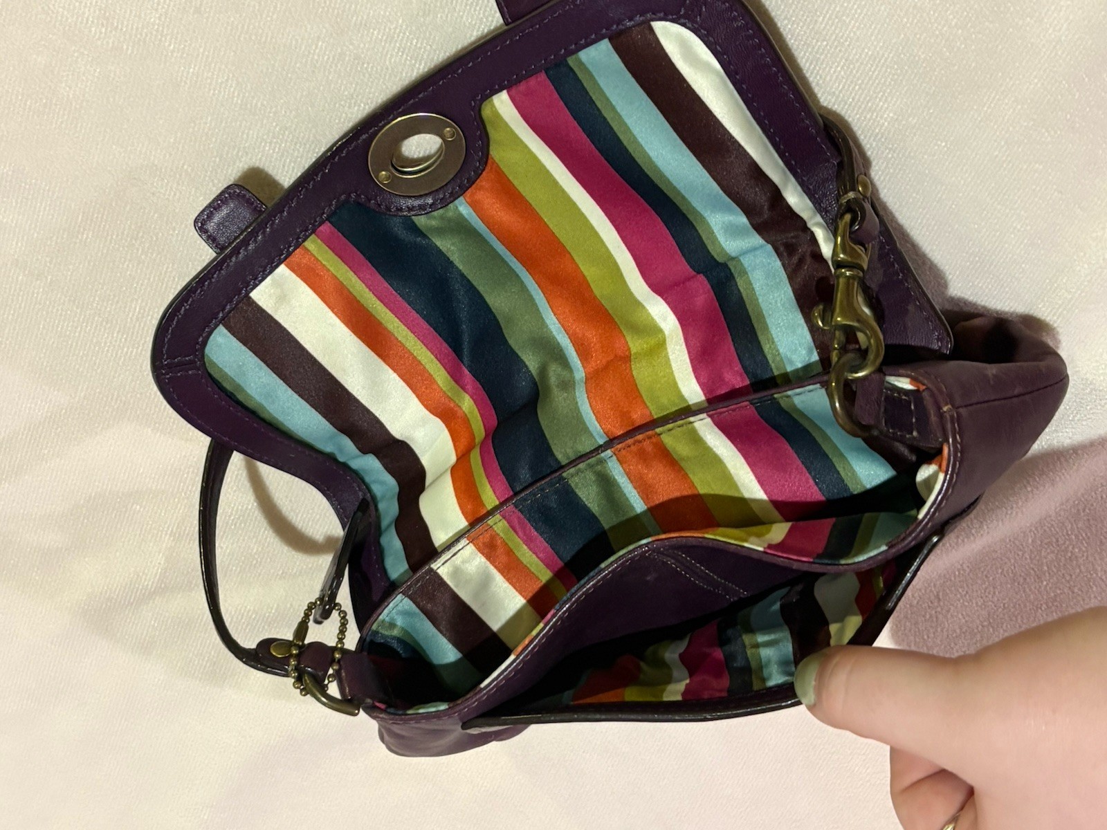 Coach 65th Legacy Stripe Purple Leather Clutch Bag Turn Lock