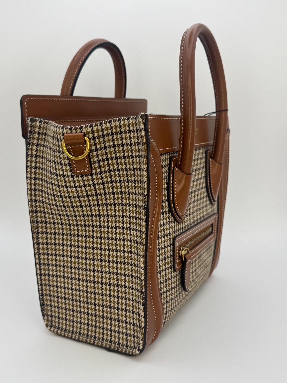 Celine Luggage Nano Tote Houndstooth Tweed & Tan Leather Top Handle Shoulder