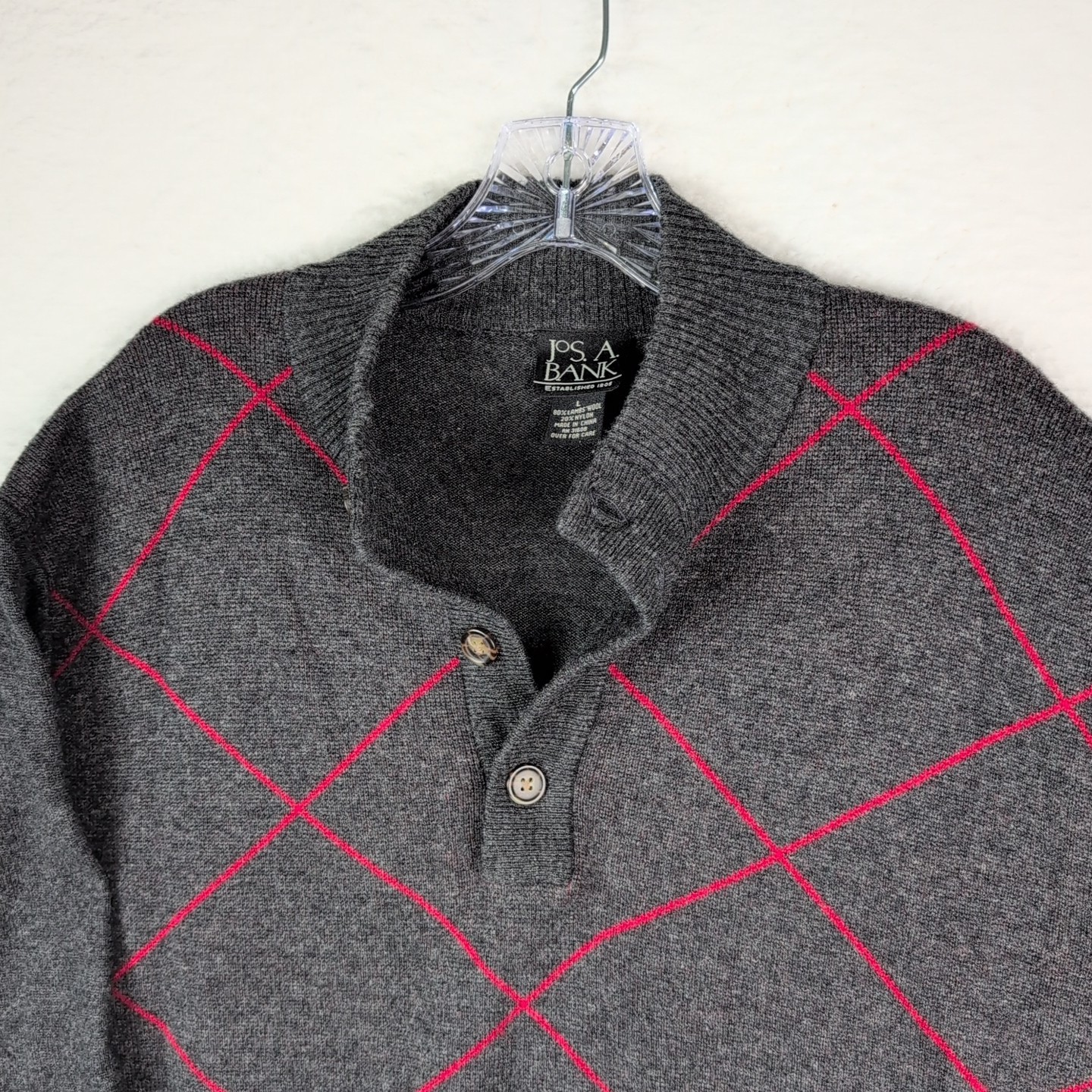 Jos A Bank Men’s Large Lambswool Polo Sweater Argyle Gray Red Outdoor Preppy