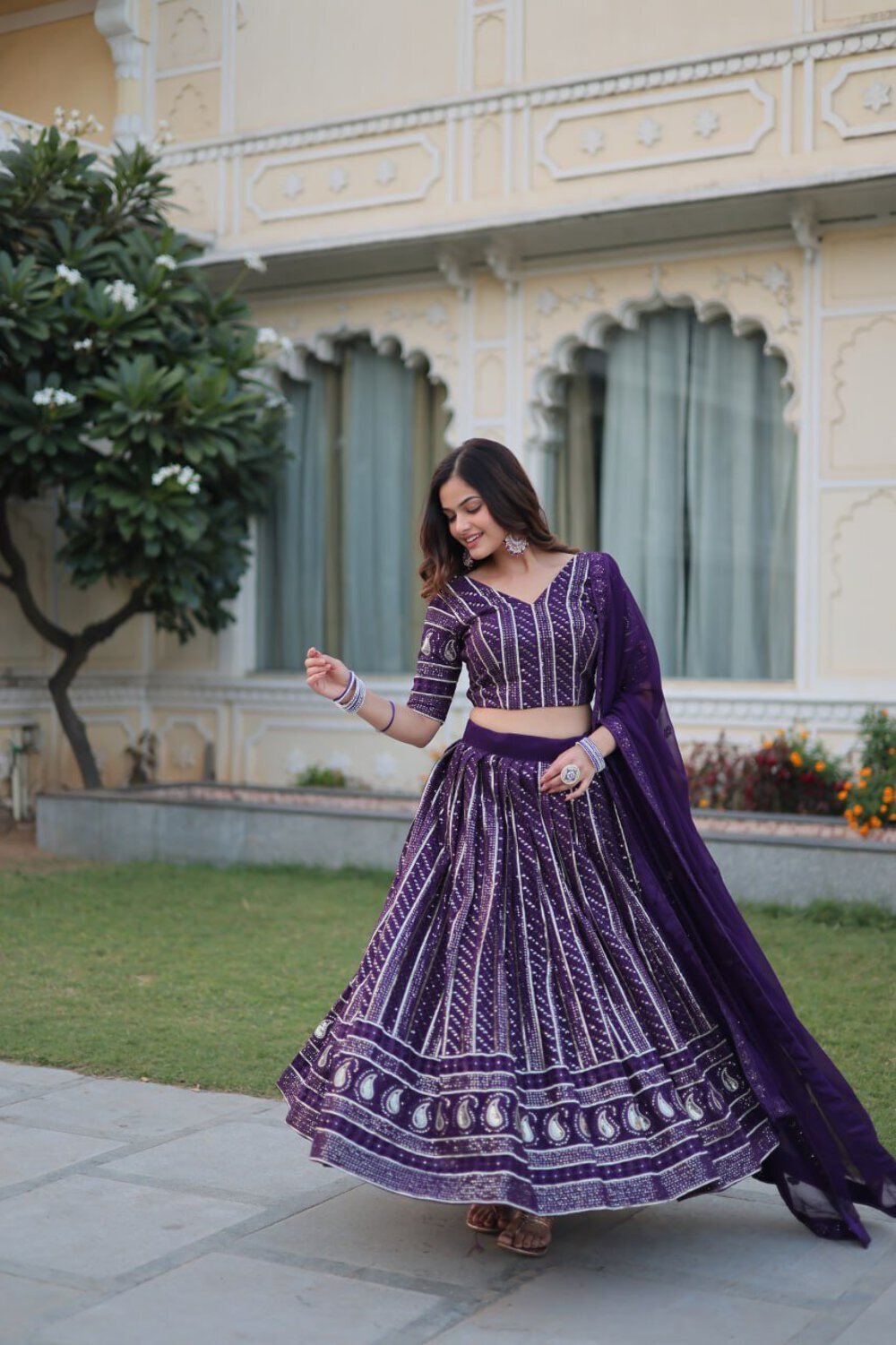 Purple Designer Dyeable Pure Viscose Jacquard fabric Lehenga Choli & Dupatta Set