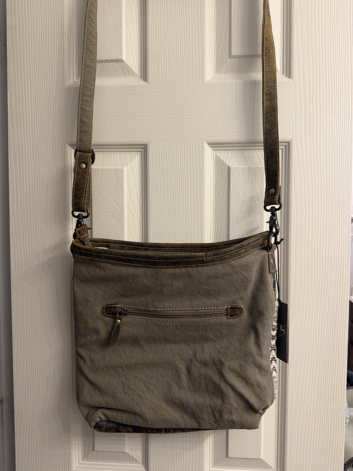 Myra Bag Geometric Crossbody Bag Brown Beige Black Zip Bronze Hardware Strap