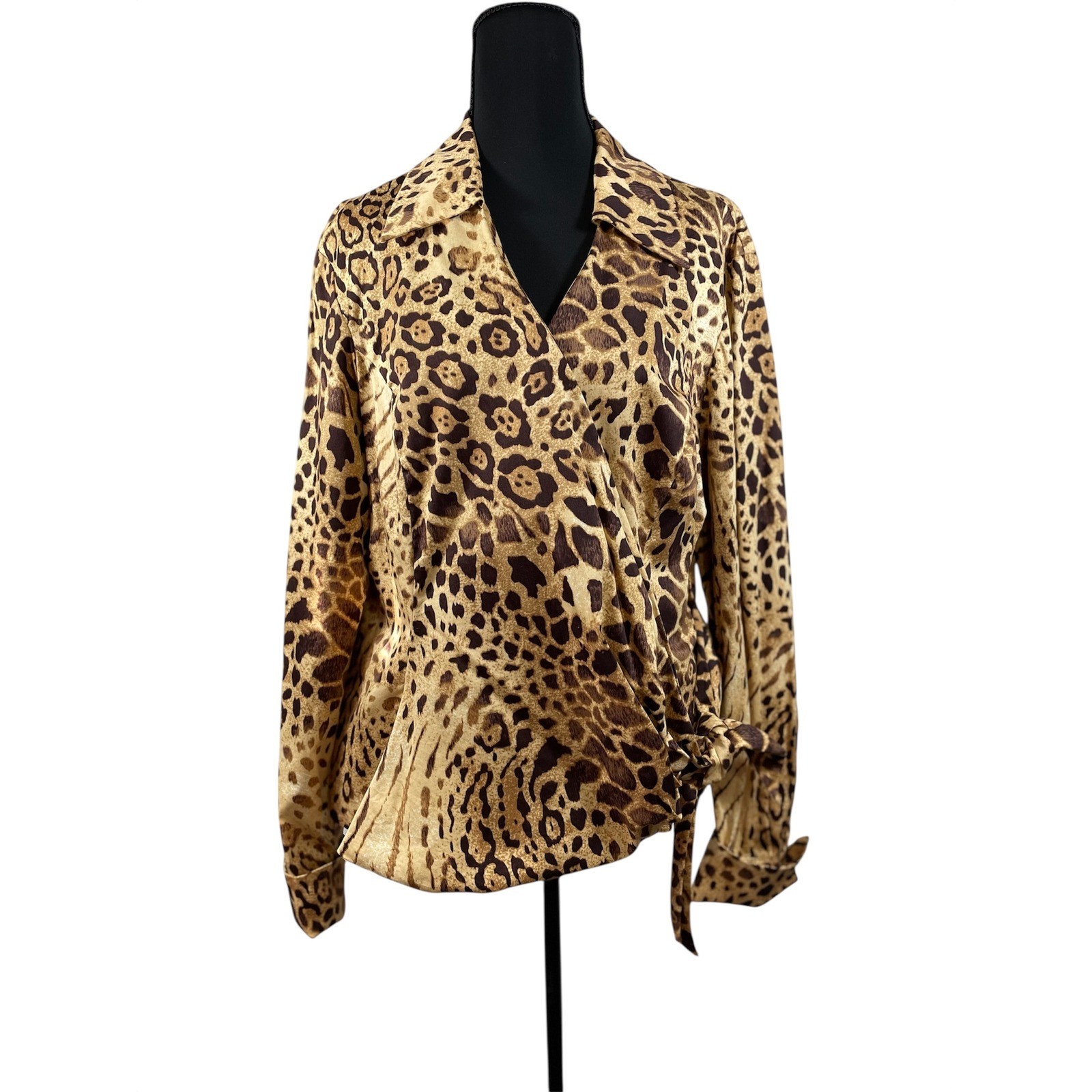 JONES NEW YORK SIGNATURE Women XL Cheetah Print Wrap Blouse Tie Waist Long Sleev