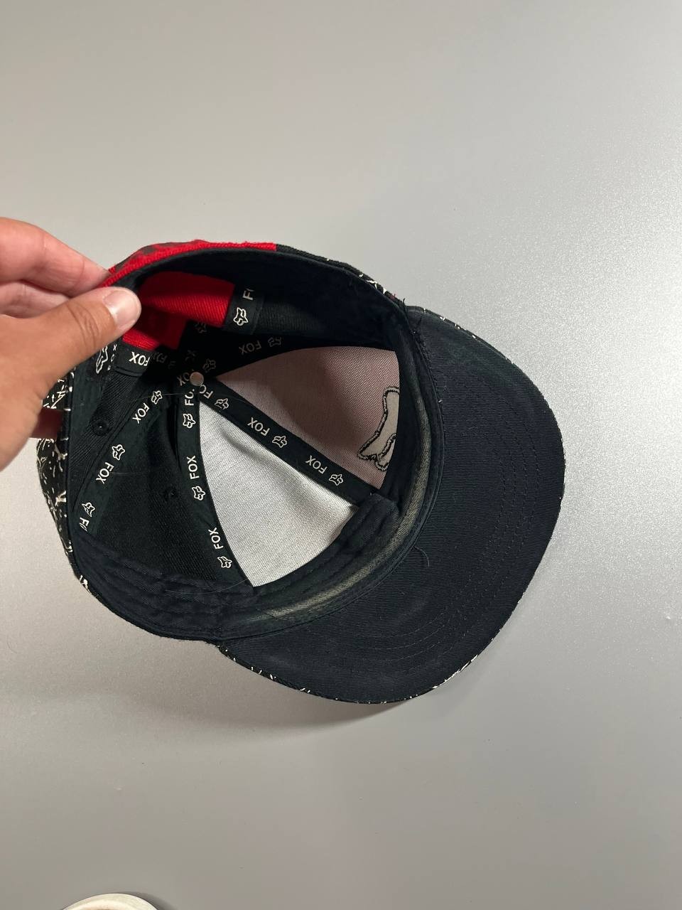 Vintage FOX RACING Snapback Hat Cap Black White Paint Splatter Red One Size VTG