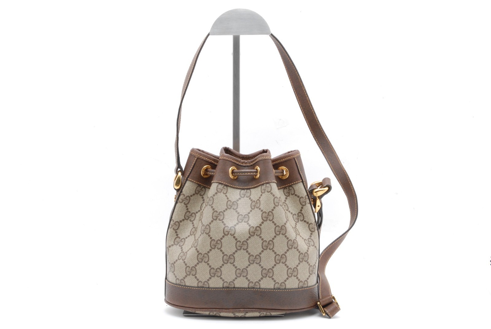 Gucci GG Supreme Drawstring Bucket Shoulder Bag PVC Leather Brown Vintage