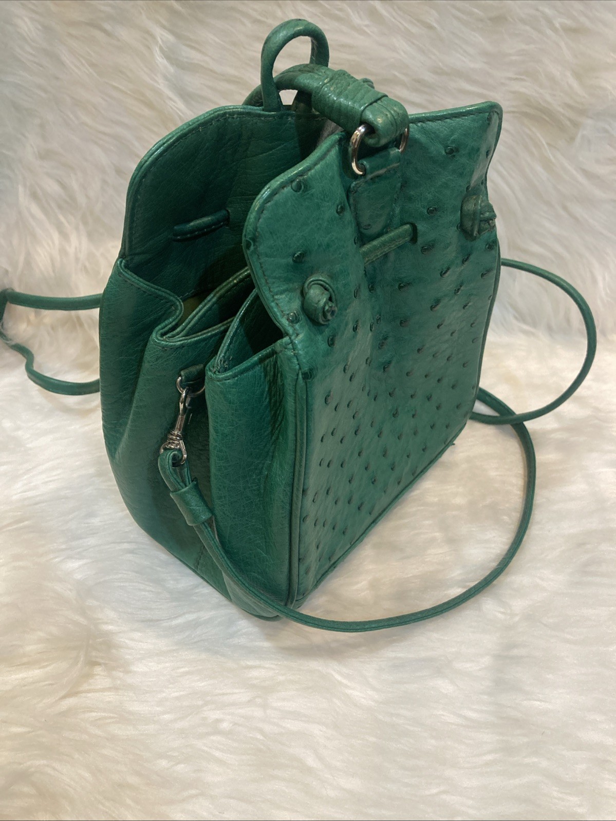 Ostrich Leather Shoulder Bag Green Crossbody Purse Women’s 17cm Vintage