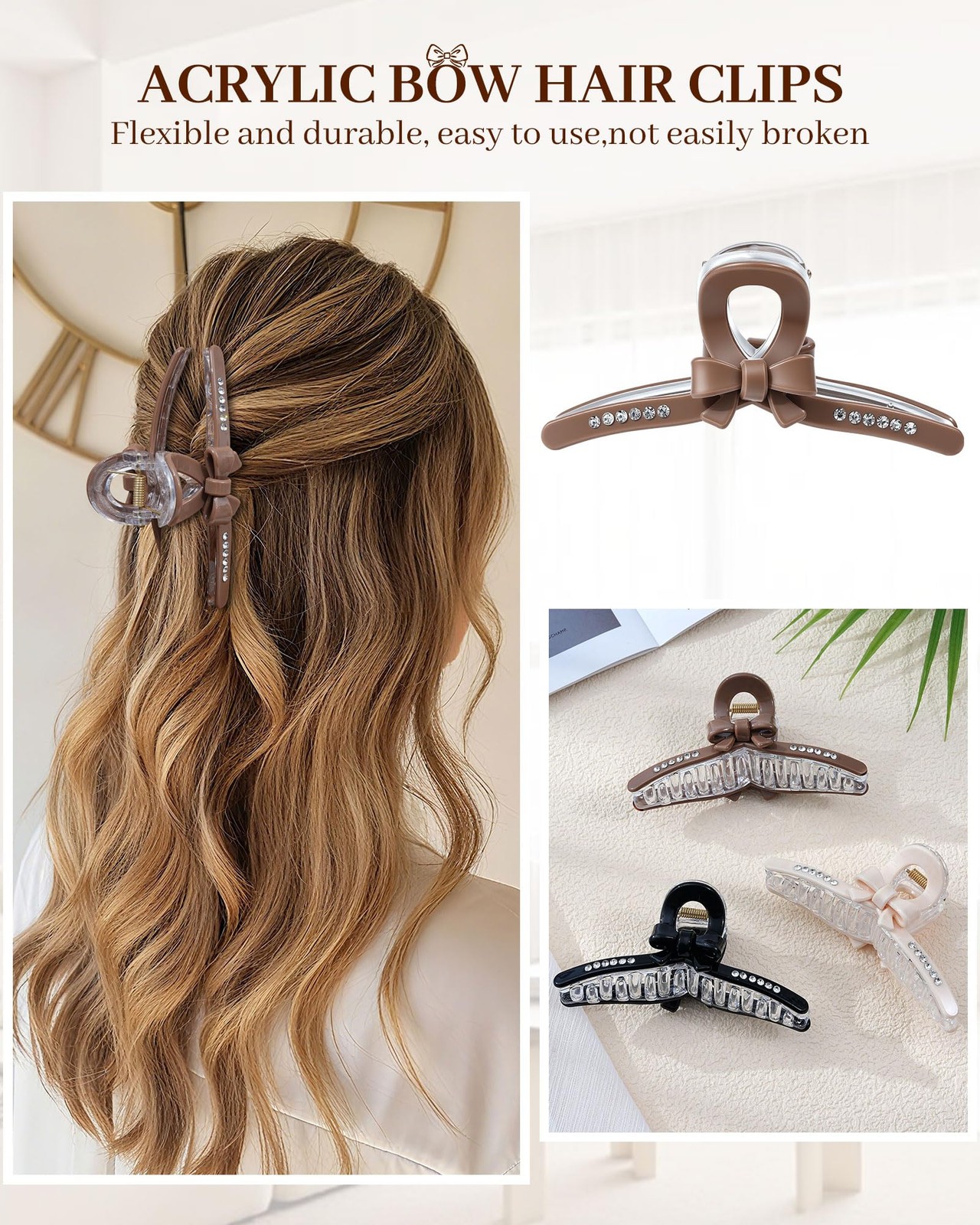 3PCS Acrylic Bow Hair Clips for Women – Nonslip Large Black and white
