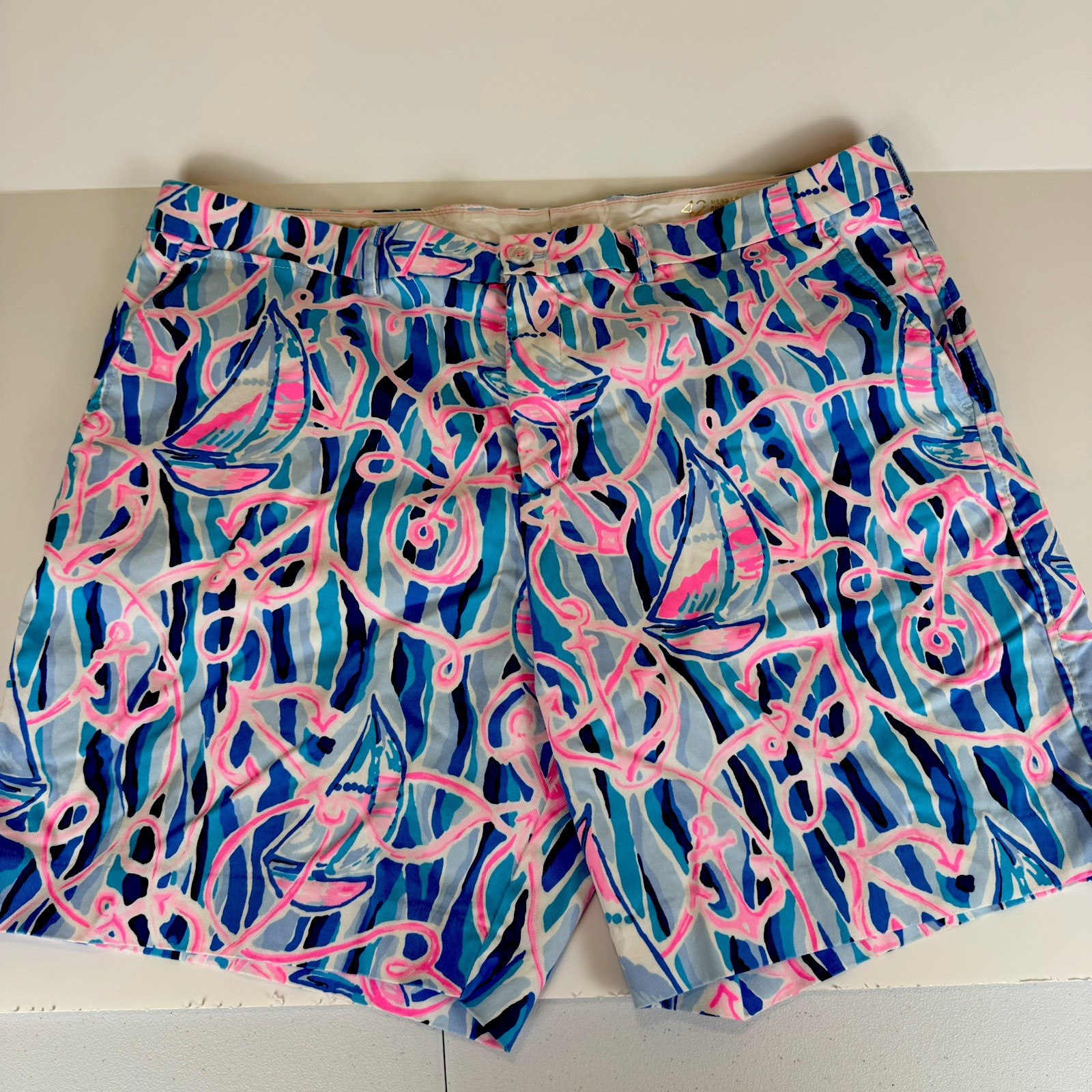 Lilly Pulitzer Mens Beaumont Stretch Shorts Blue Reel Nauti Anchor Size 42 x 8”