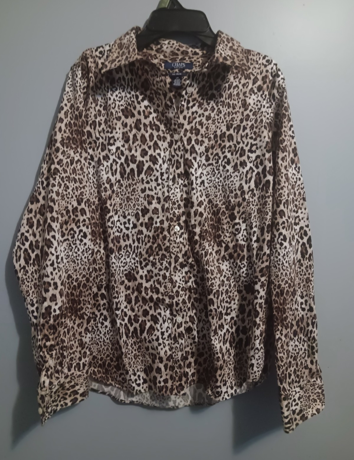 Chaps Non-Iron Brown Leopard Print Collared Long Sleeve Woven Cotton L/G