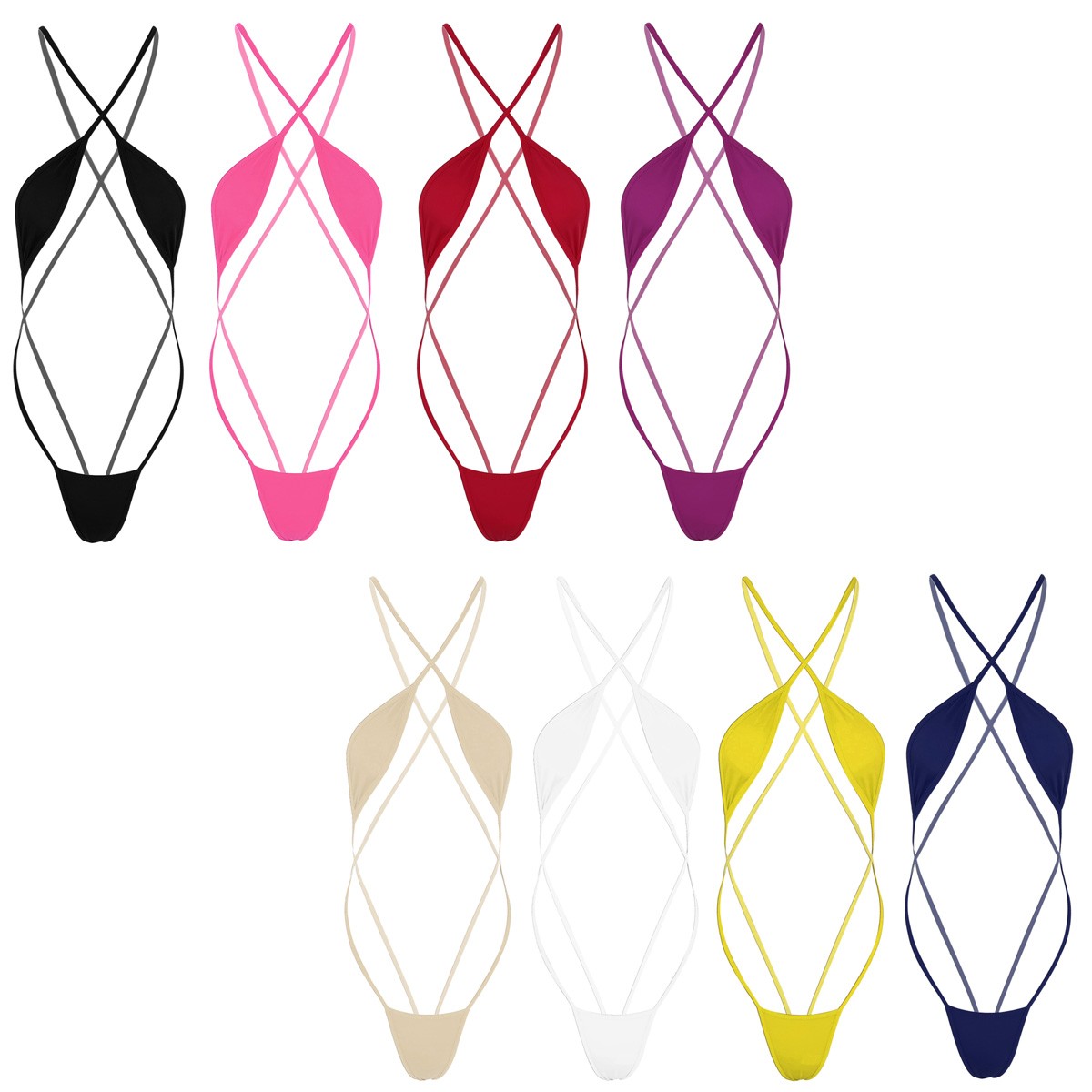 Womens One-Piece Strappy Criss Cross Backless Micro Bikini Thong Bodysuit Teddy