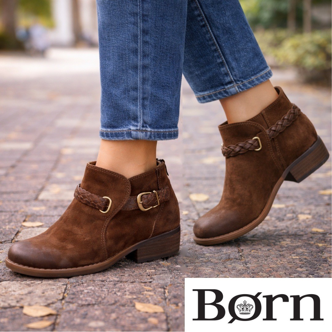 Born, Brown Leather Braided Buckle Ankle Boots Booties Womens Size 8