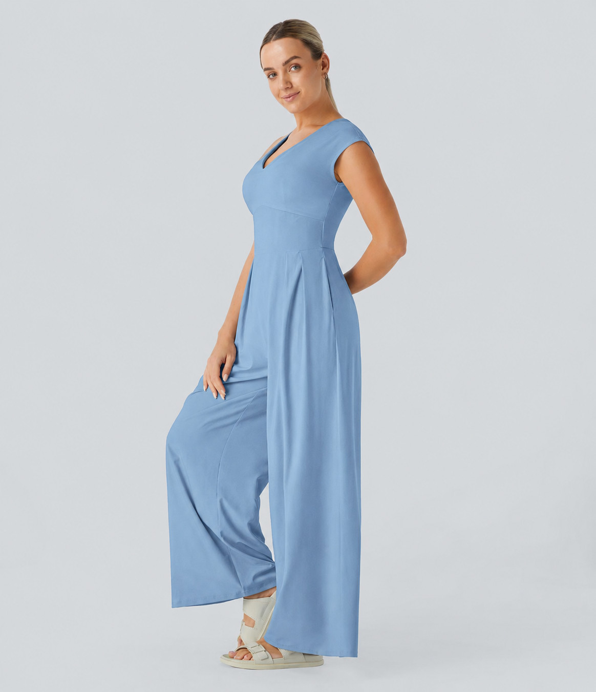 NWT Halara Blue Breezeful V-Neck Zipper Pleated Wide Leg Casual Jumpsuit Size M