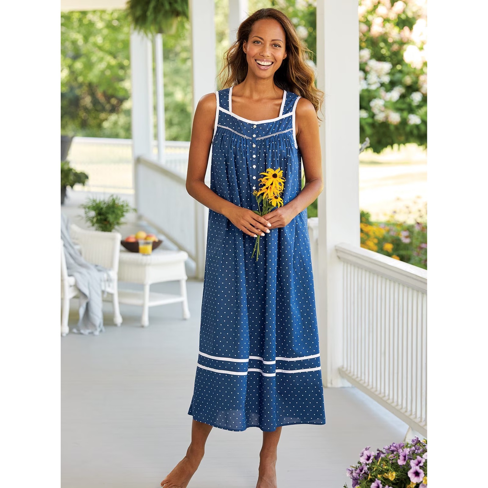 Eileen West Nautical Blue Polka-Dot Cotton Nightgown