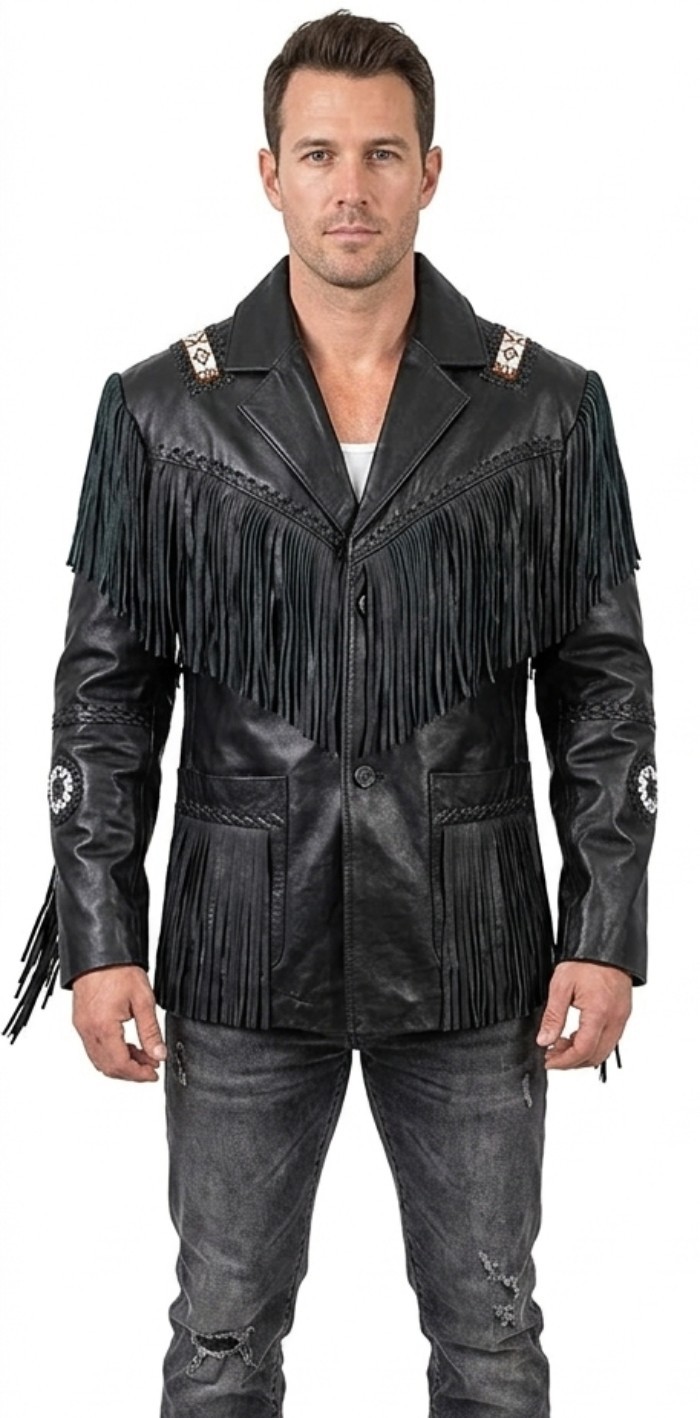 Mens Black Leather Western Jacket Heavy Fringe Tassel Cowboy Southwestern Beaded