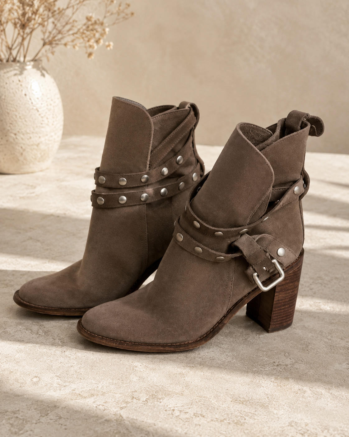 SEE BY CHLOE Janis Suede Studded Boot Womens 9 Taupe Suede Ankle Strap