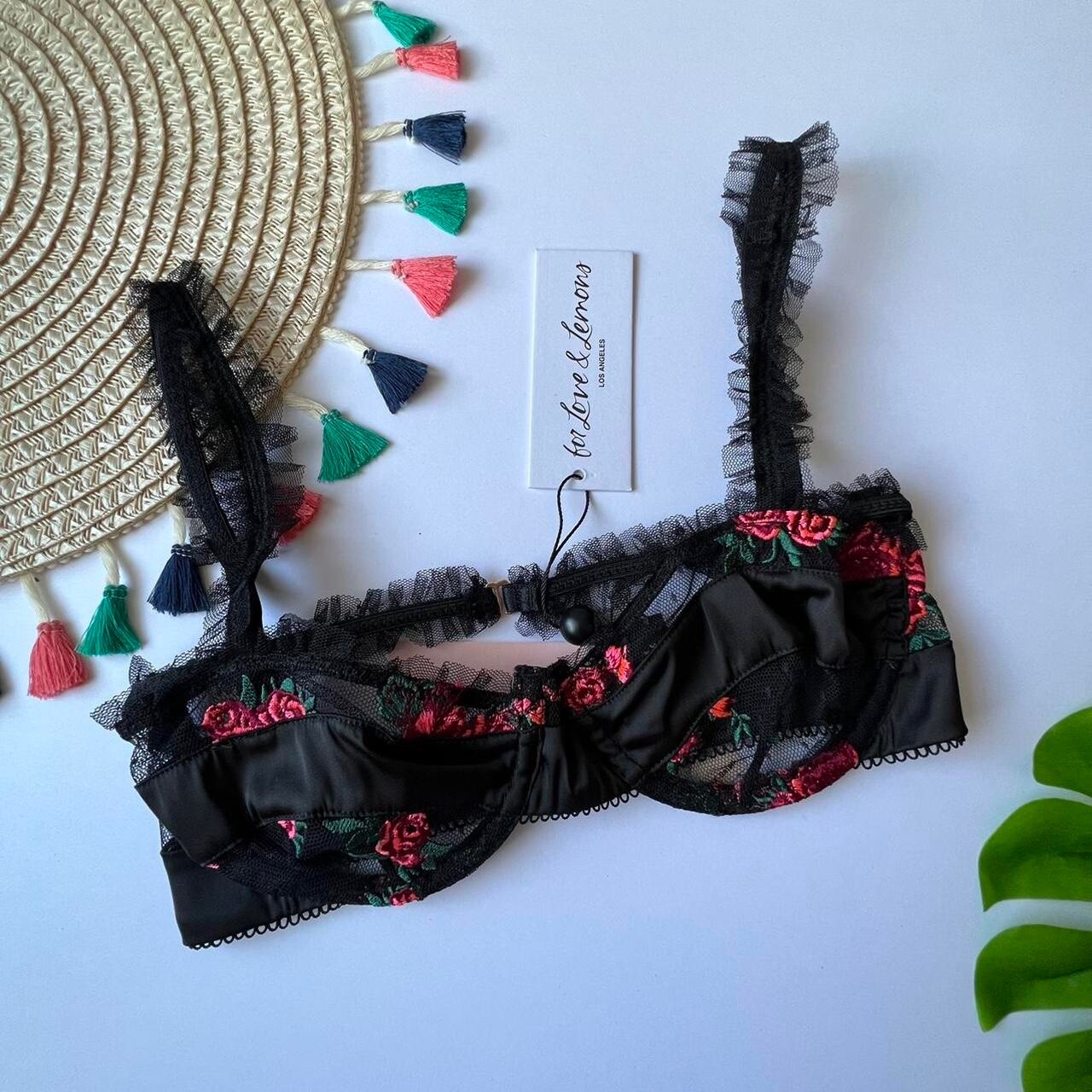 For Love And Lemons Rosebud Bra Black w Red Floral Small NEW